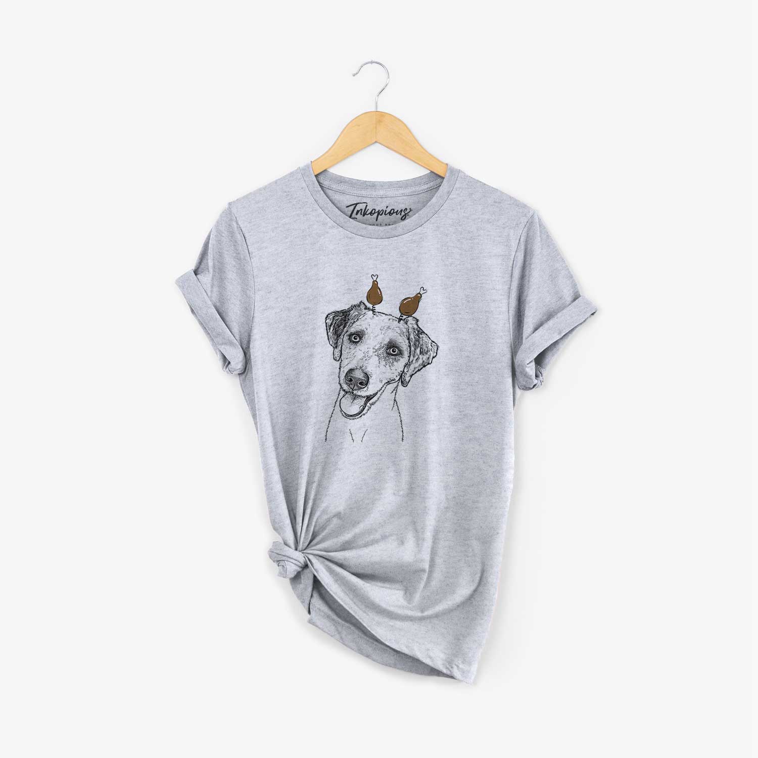 Hand-drawn sketch of Palm Palm the Aussiedoodle with a Thanksgiving turkey headpiece on a Grey Unisex crewneck