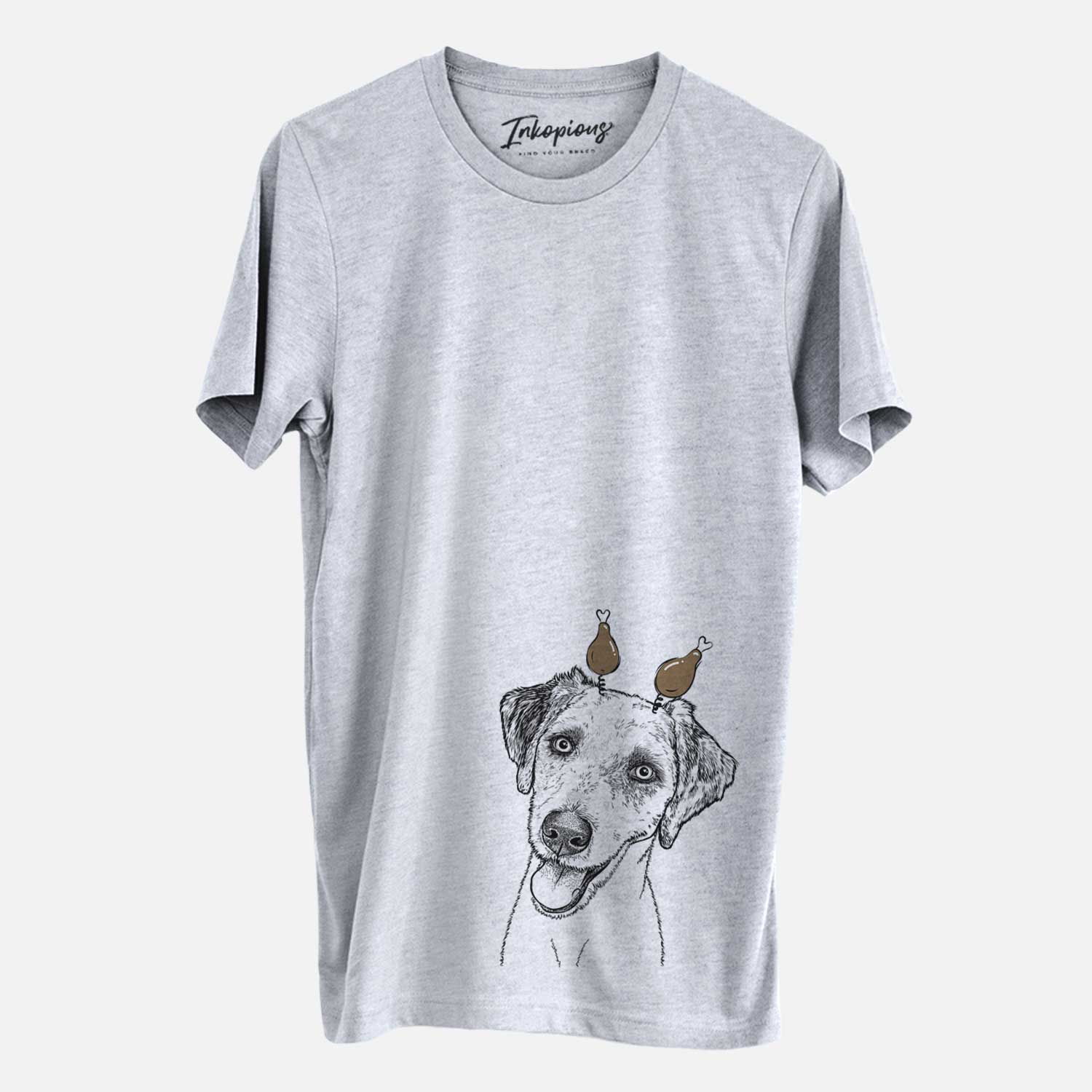 Hand-drawn sketch of Palm Palm the Aussiedoodle with a Thanksgiving turkey headpiece on a Grey Unisex crewneck
