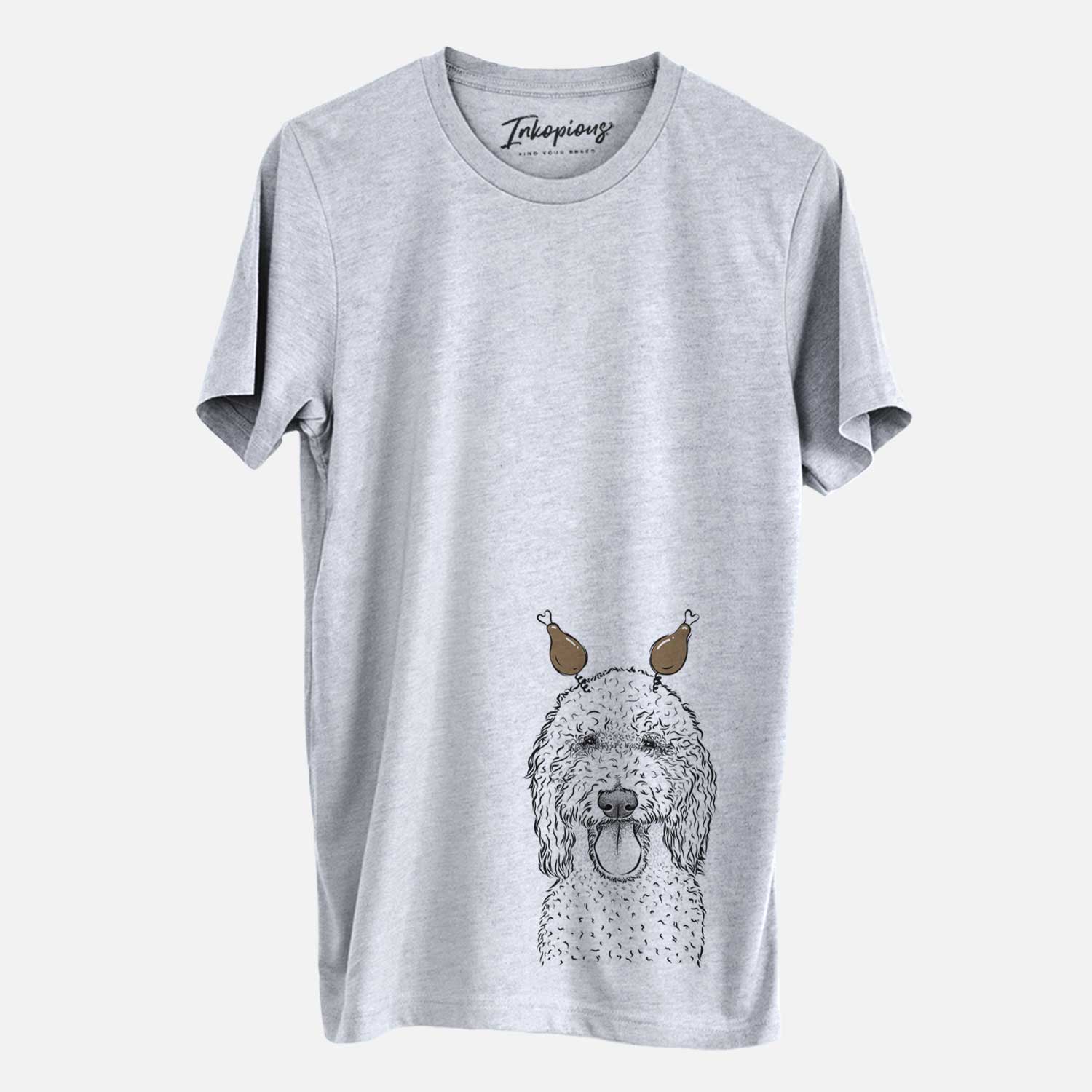 Hand-drawn sketch of Pavlov the Goldendoodle with a Thanksgiving turkey headpiece on a Grey Unisex crewneck