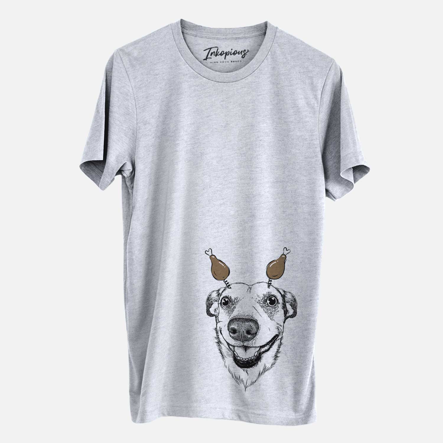 Hand-drawn sketch of Petrah the Staffy Mix with a Thanksgiving turkey headpiece on a Grey Unisex crewneck