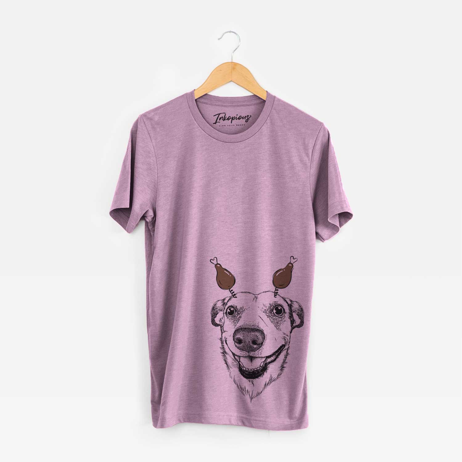 Hand-drawn sketch of Petrah the Staffy Mix with a Thanksgiving turkey headpiece on an Orchid Unisex crewneck