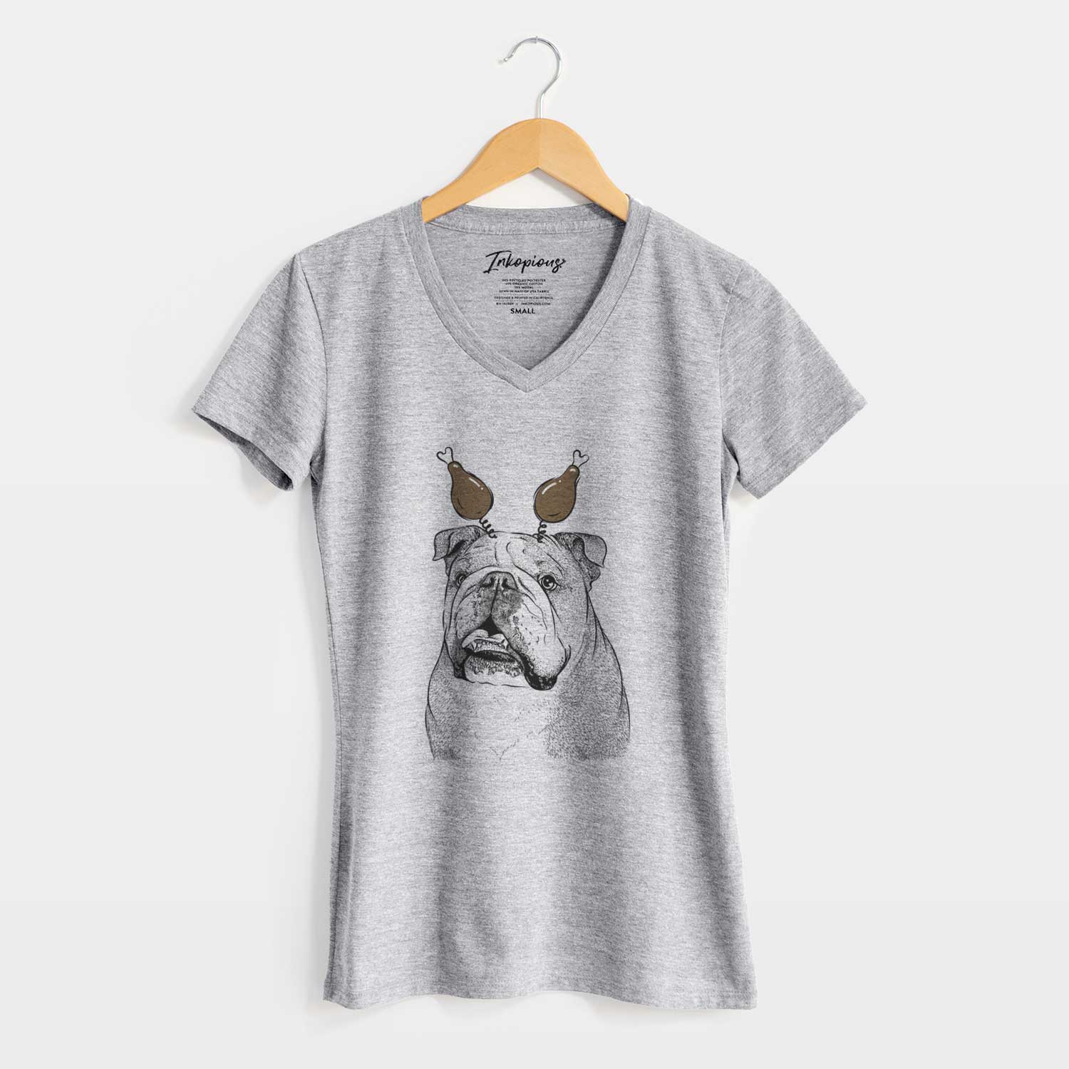 Thanksgiving Piggy the English Bulldog - Women's V-neck Shirt