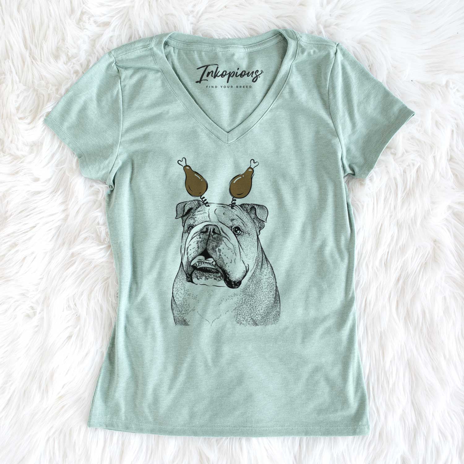 Thanksgiving Piggy the English Bulldog - Women's V-neck Shirt