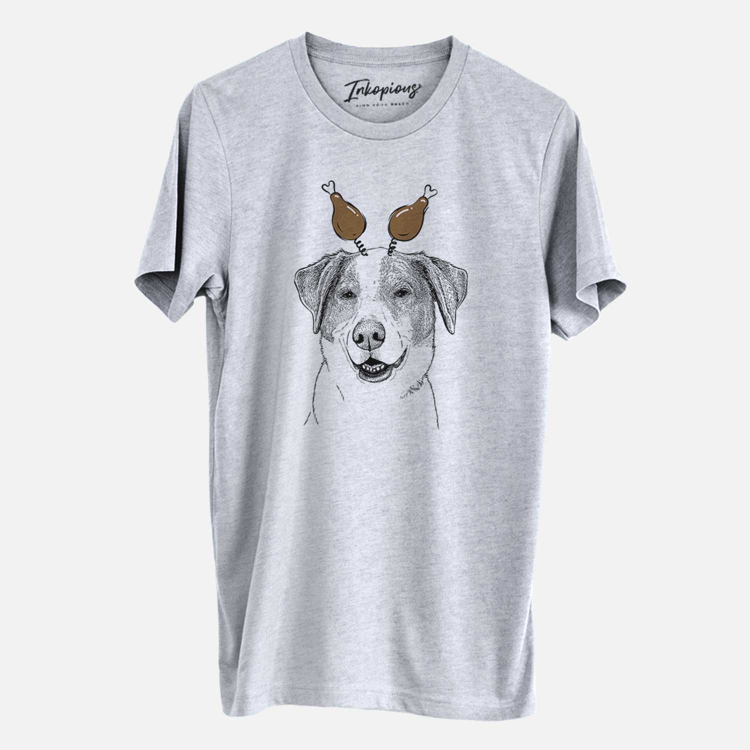 Hand-drawn sketch of Piper Pilot the Hound Mix with a Thanksgiving turkey headpiece on a Grey Unisex crewneck