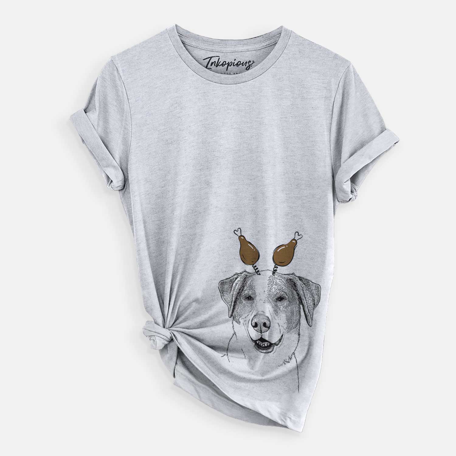 Hand-drawn sketch of Piper Pilot the Hound Mix with a Thanksgiving turkey headpiece on a Grey Unisex crewneck