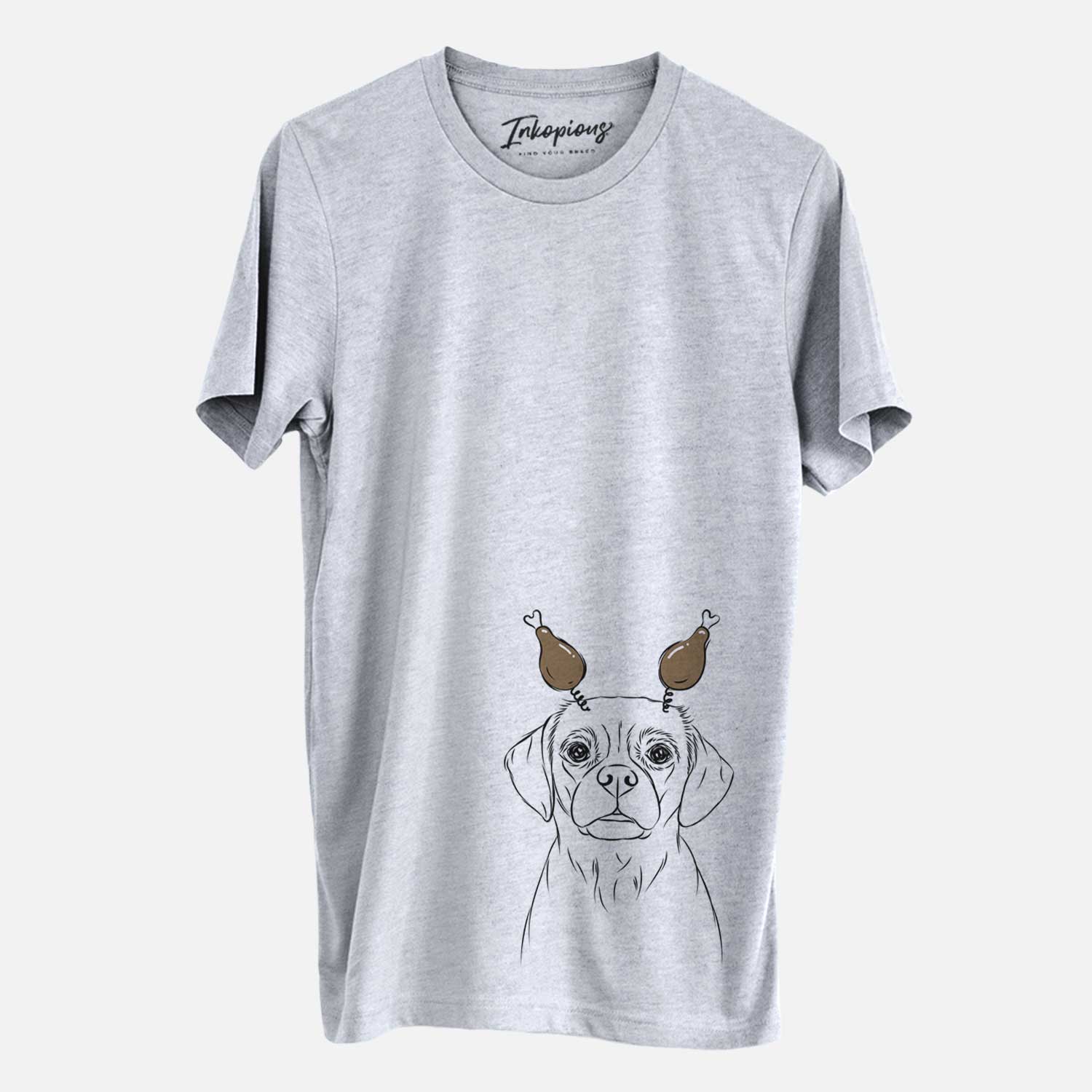 Hand-drawn sketch of Popcorn the Puggle with a Thanksgiving turkey headpiece on a Grey Unisex crewneck
