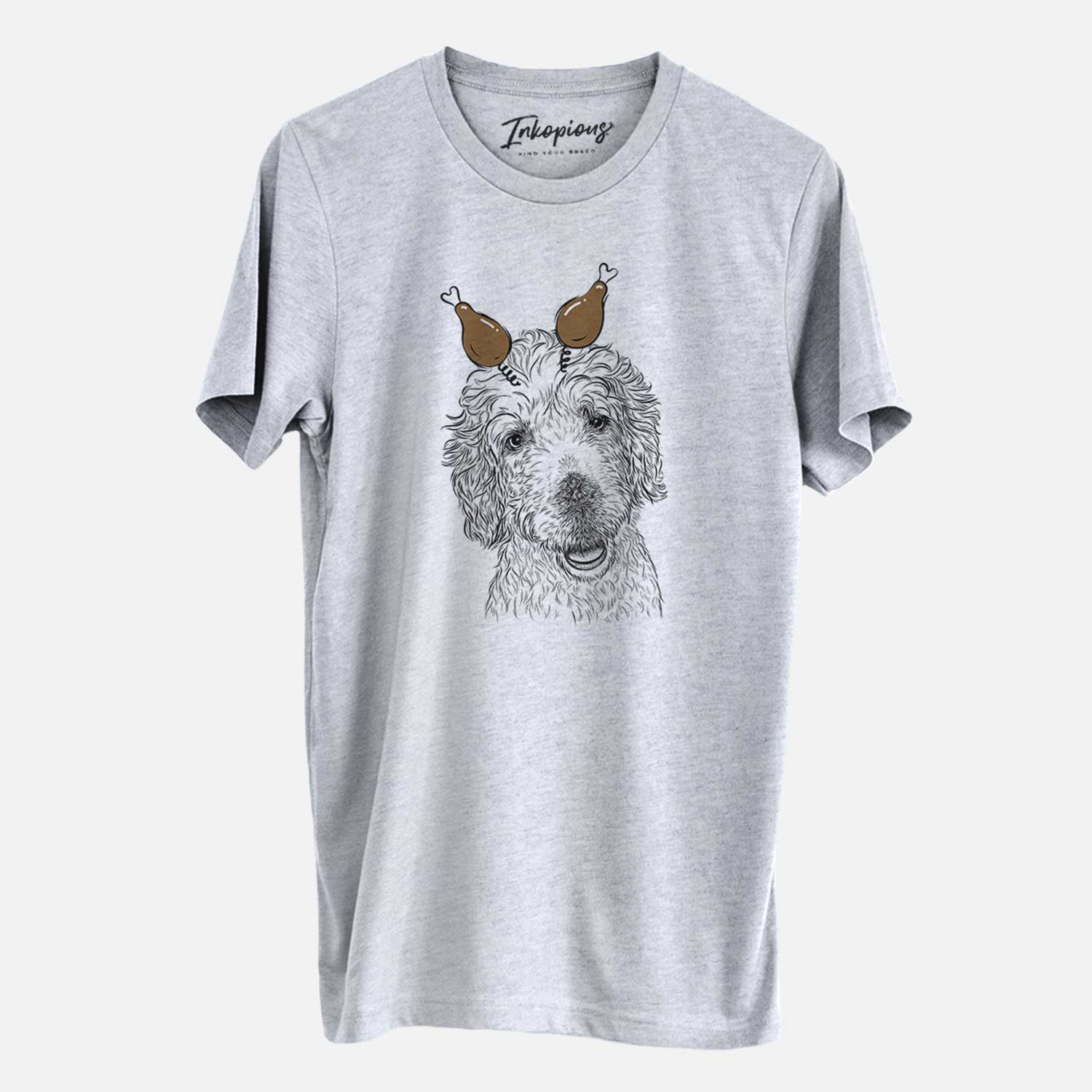 Hand-drawn sketch of Preston the Labradoodle with a Thanksgiving turkey headpiece on a Grey Unisex crewneck