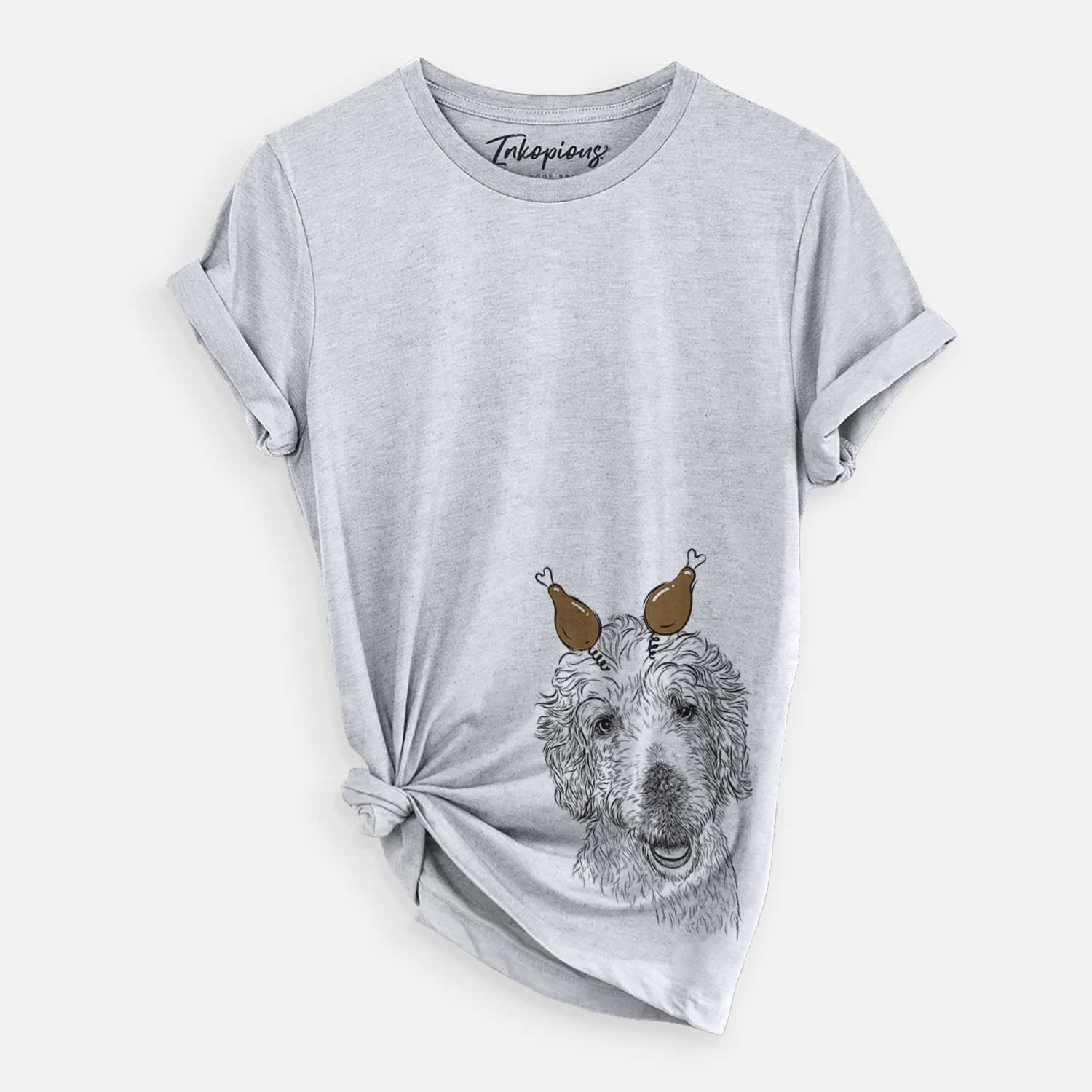 Hand-drawn sketch of Preston the Labradoodle with a Thanksgiving turkey headpiece on a Grey Unisex crewneck
