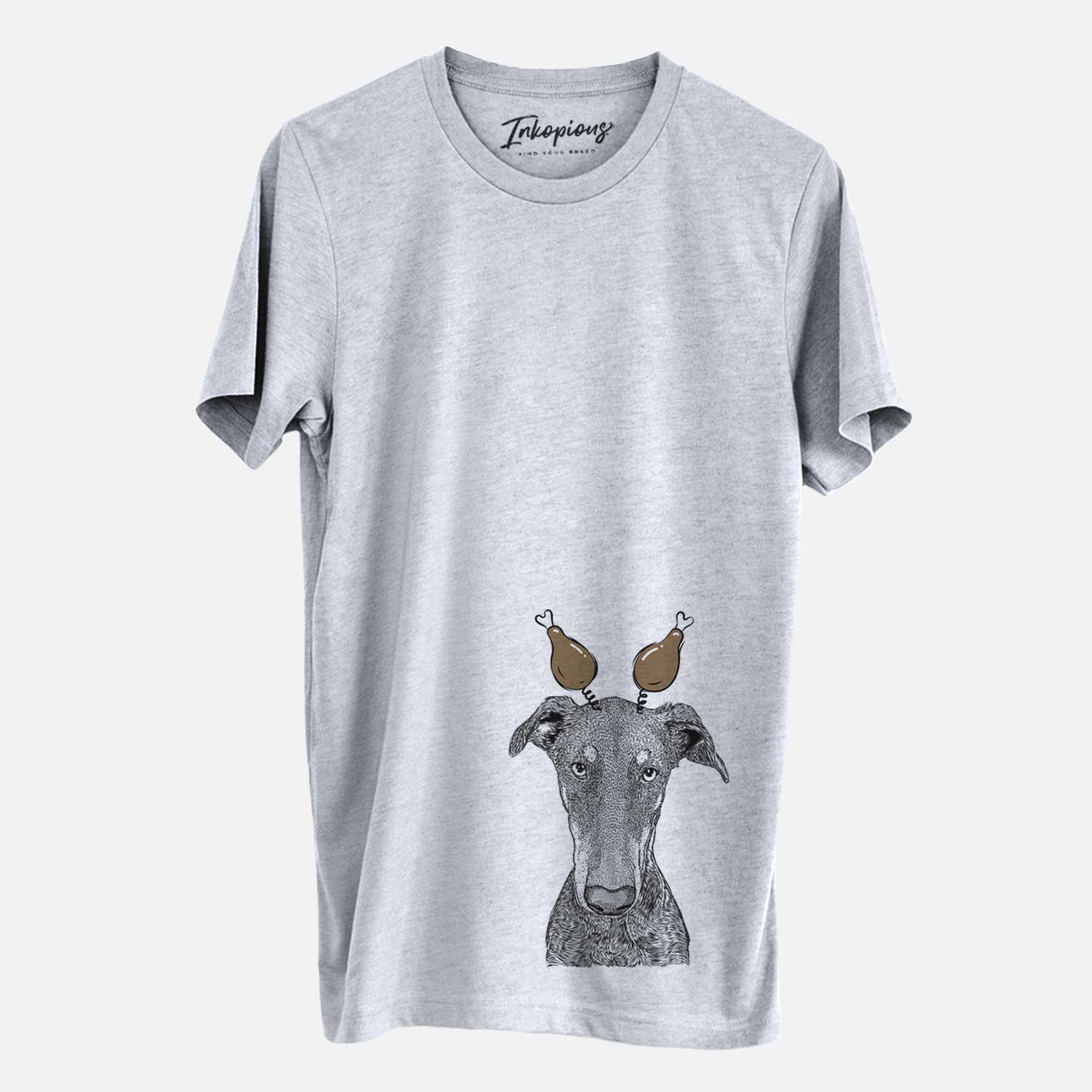 Hand-drawn sketch of Princess Fiona the Doberman Pinscher with a Thanksgiving turkey headpiece on a Grey Unisex crewneck