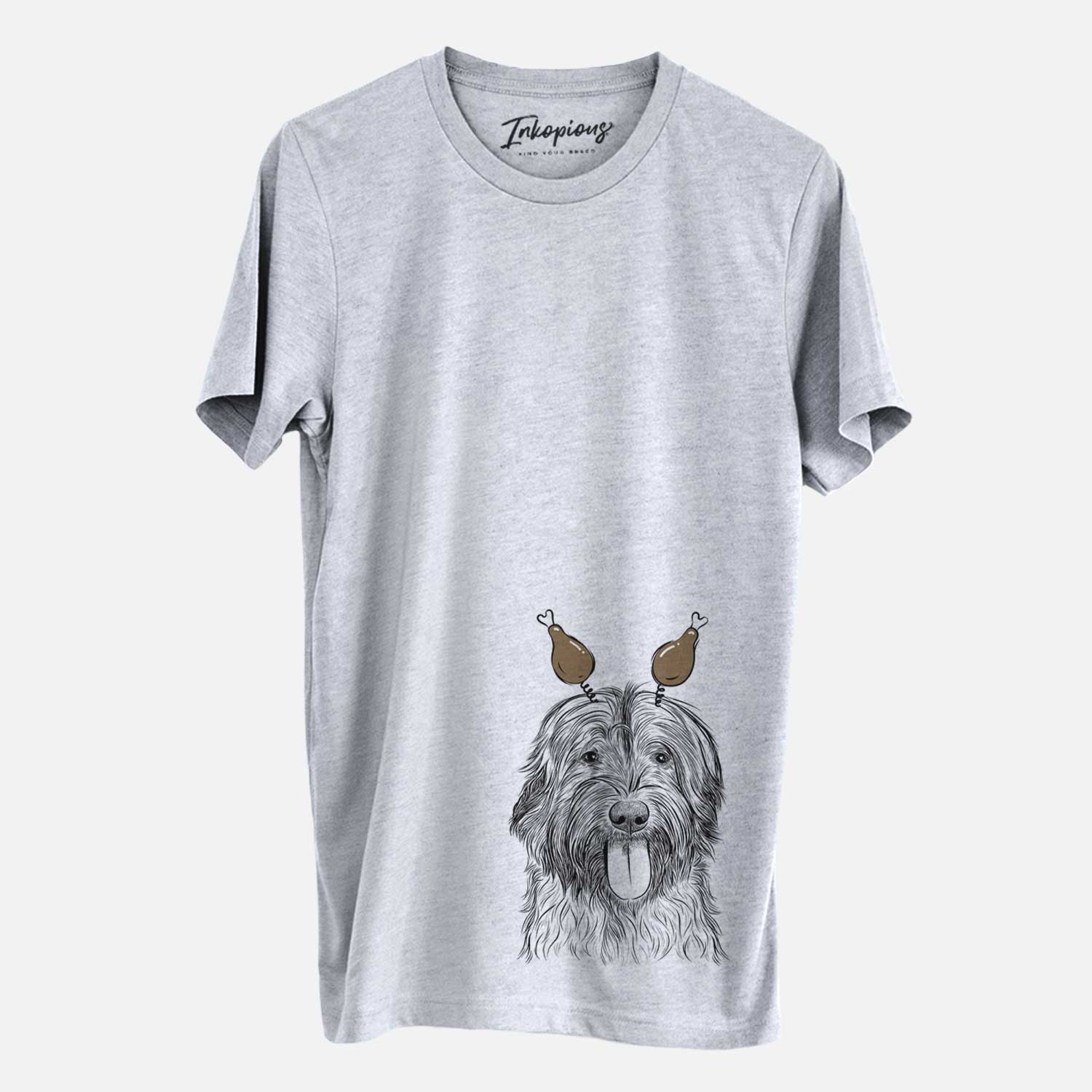 Hand-drawn sketch of Puig the Catalan Sheepdog with a Thanksgiving turkey headpiece on a Grey Unisex crewneck