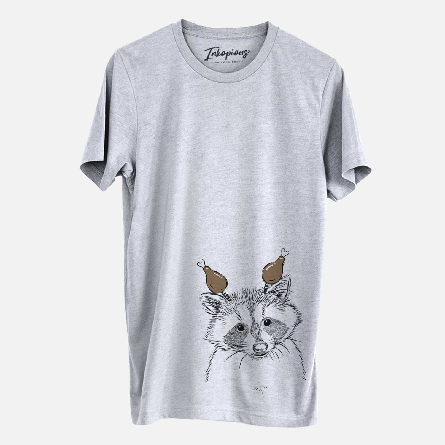 Hand-drawn sketch of Randy the Raccoon with a Thanksgiving turkey headpiece on a Grey Unisex crewneck