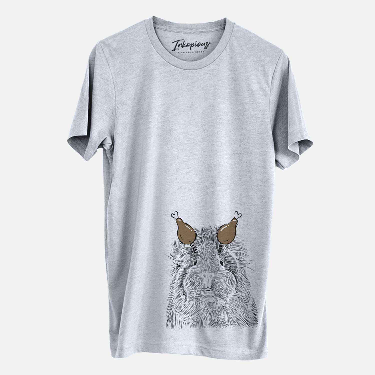 Hand-drawn sketch of Rhino the Guinea Pig with a Thanksgiving turkey headpiece on a Grey Unisex crewneck