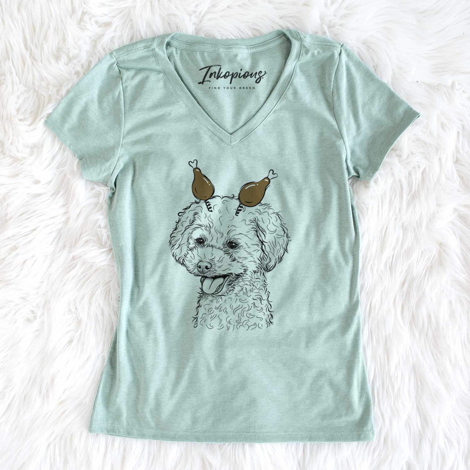 Thanksgiving Rocky the Teacup Poodle - Women's V-neck Shirt
