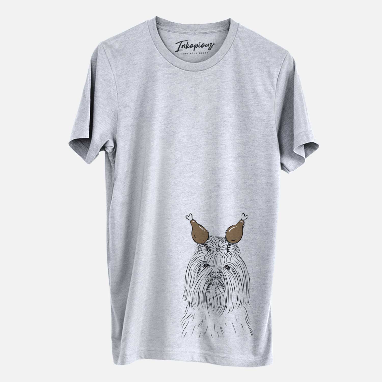 Hand-drawn sketch of Sabine the Shih Tzu with a Thanksgiving turkey headpiece on a Grey Unisex crewneck