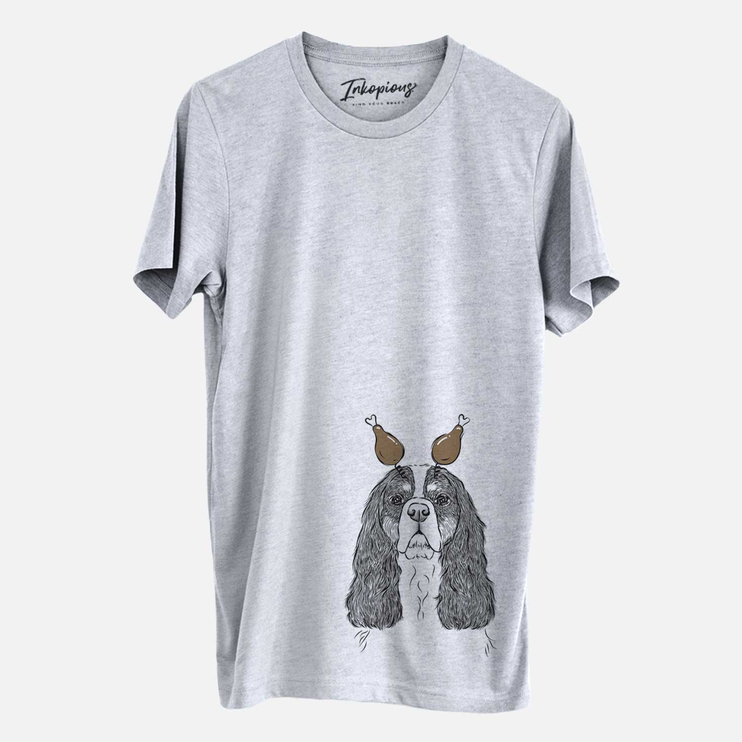 Hand-drawn sketch of Sebastian the Cavalier King Charles Spaniel with a Thanksgiving turkey headpiece on a Grey Unisex crewneck