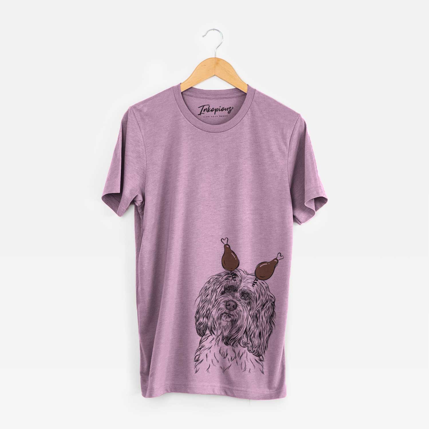 Hand-drawn sketch of Shenpa the Tibetan Terrier with a Thanksgiving turkey headpiece on an Orchid Unisex crewneck