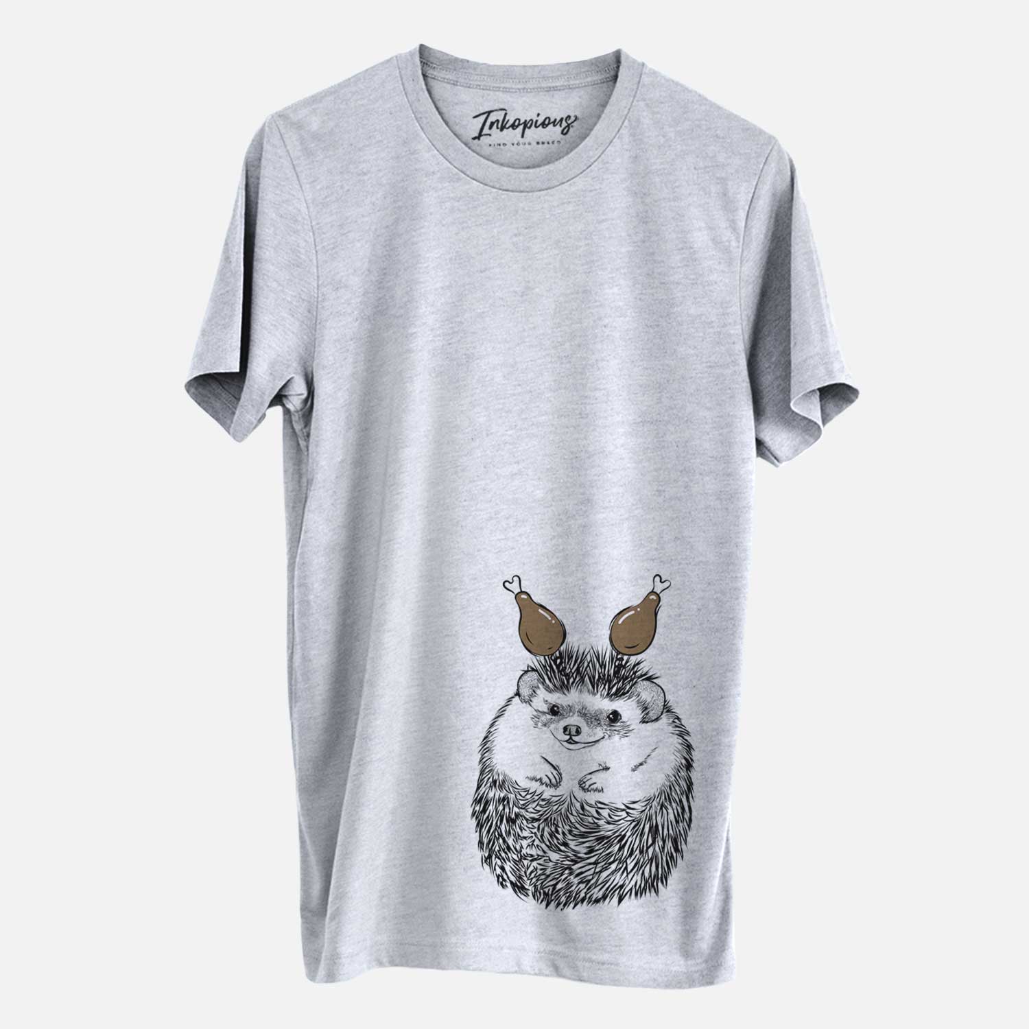 Hand-drawn sketch of Sid the Hedgehog with a Thanksgiving turkey headpiece on a Grey Unisex crewneck