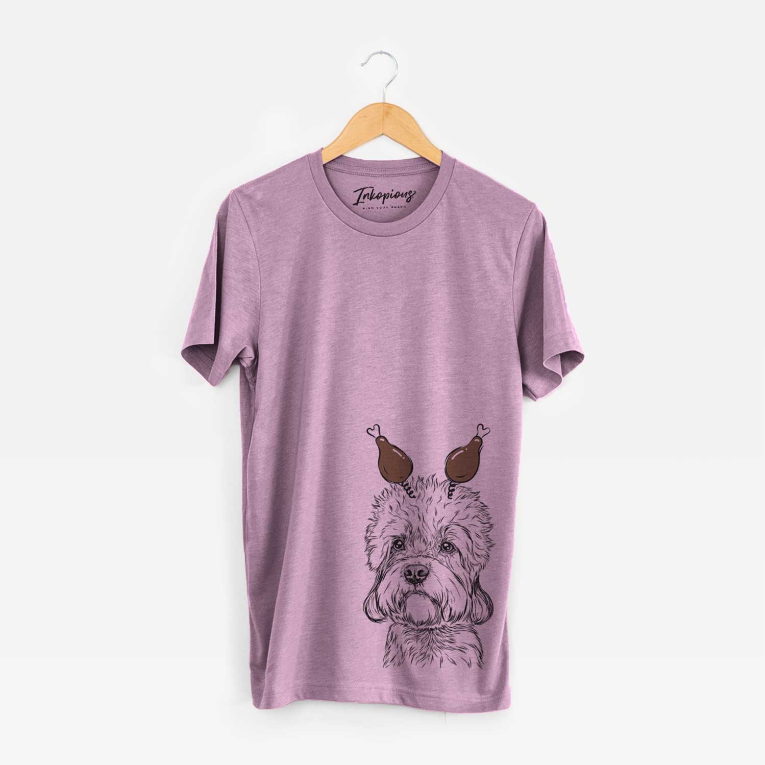 Hand-drawn sketch of Sir Walter the Dandie Dinmont Terrier with a Thanksgiving turkey headpiece on an Orchid Unisex crewneck