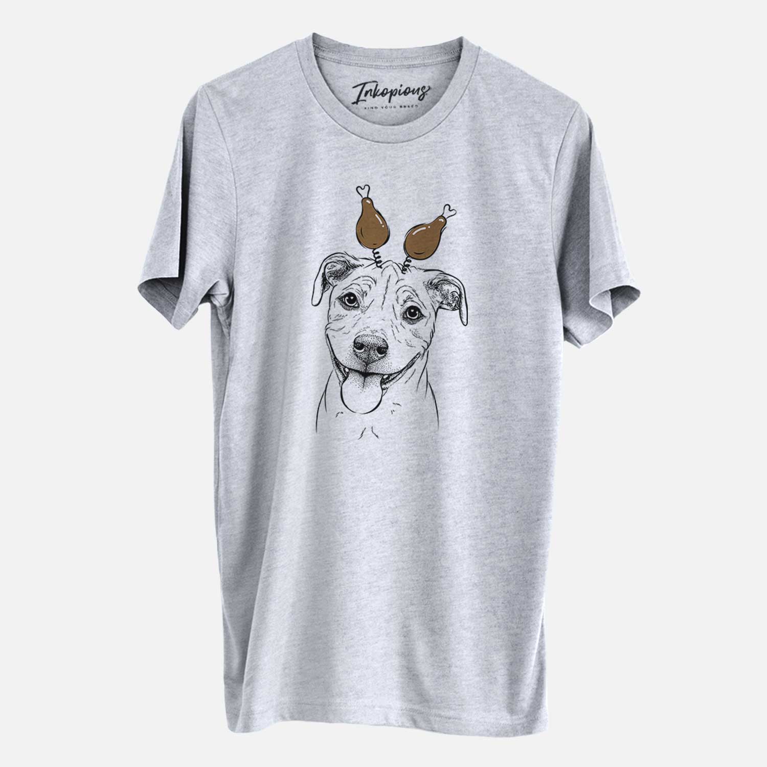 Hand-drawn sketch of Skye the Pitweiler with a Thanksgiving turkey headpiece on a Grey Unisex crewneck