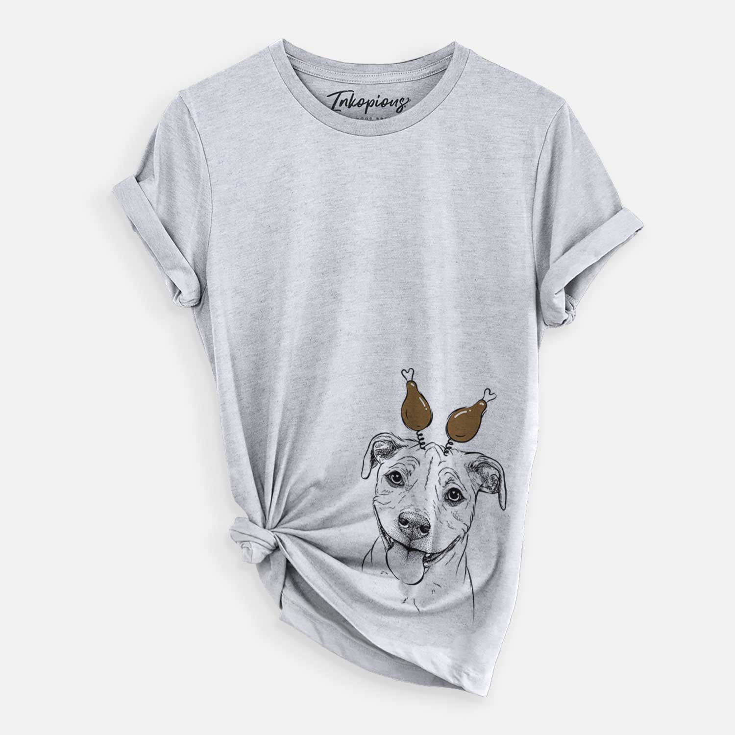 Hand-drawn sketch of Skye the Pitweiler with a Thanksgiving turkey headpiece on a Grey Unisex crewneck