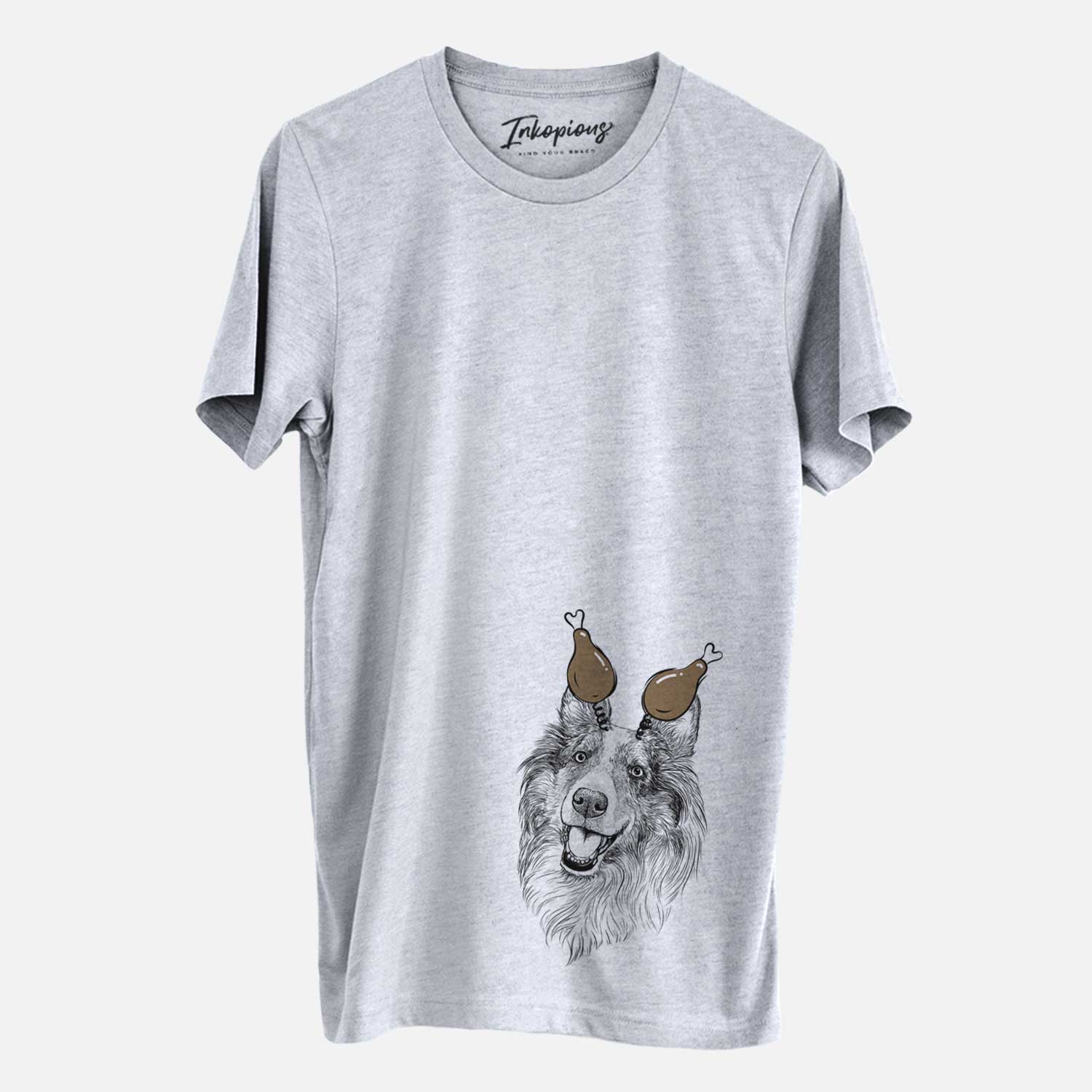 Hand-drawn sketch of Skylar the Shetland Sheepdog with a Thanksgiving turkey headpiece on a Grey Unisex crewneck