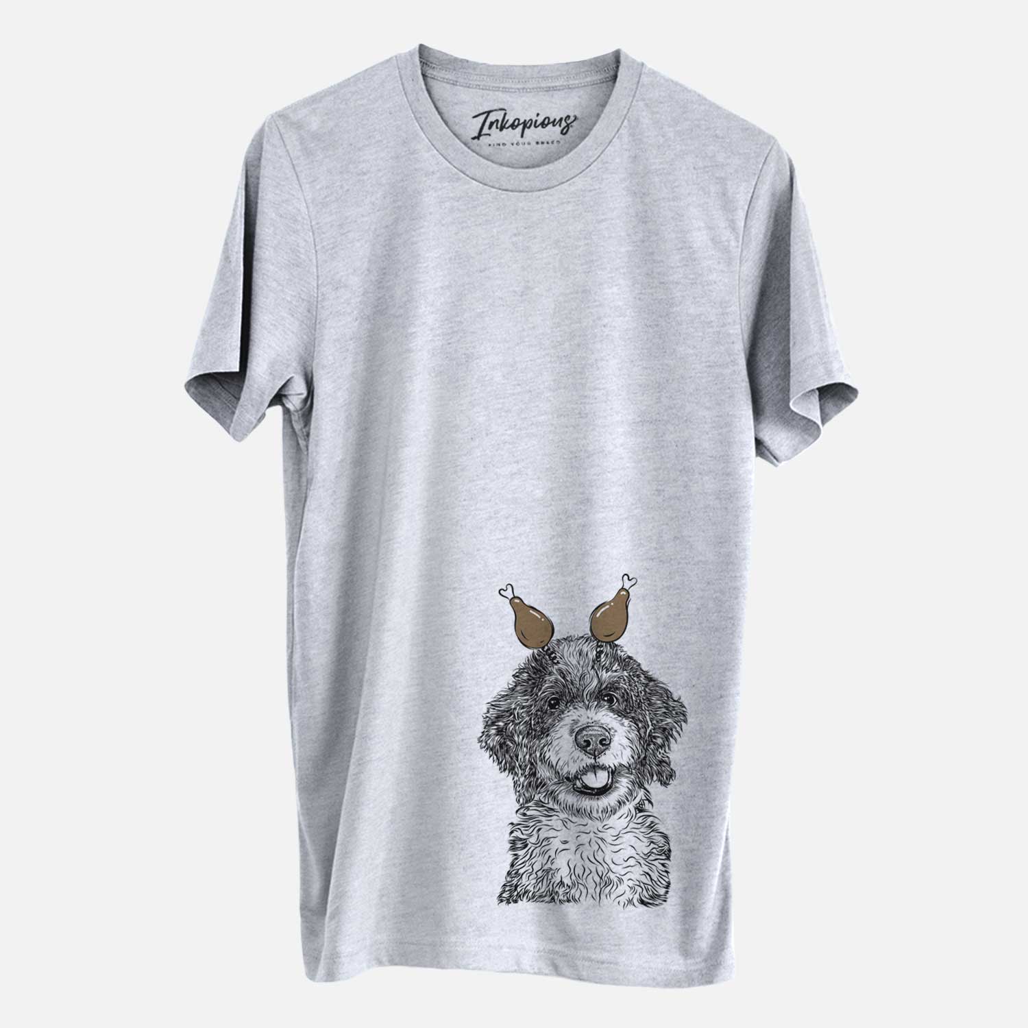 Hand-drawn sketch of Smoky the Bernedoodle Puppy with a Thanksgiving turkey headpiece on a Grey Unisex crewneck