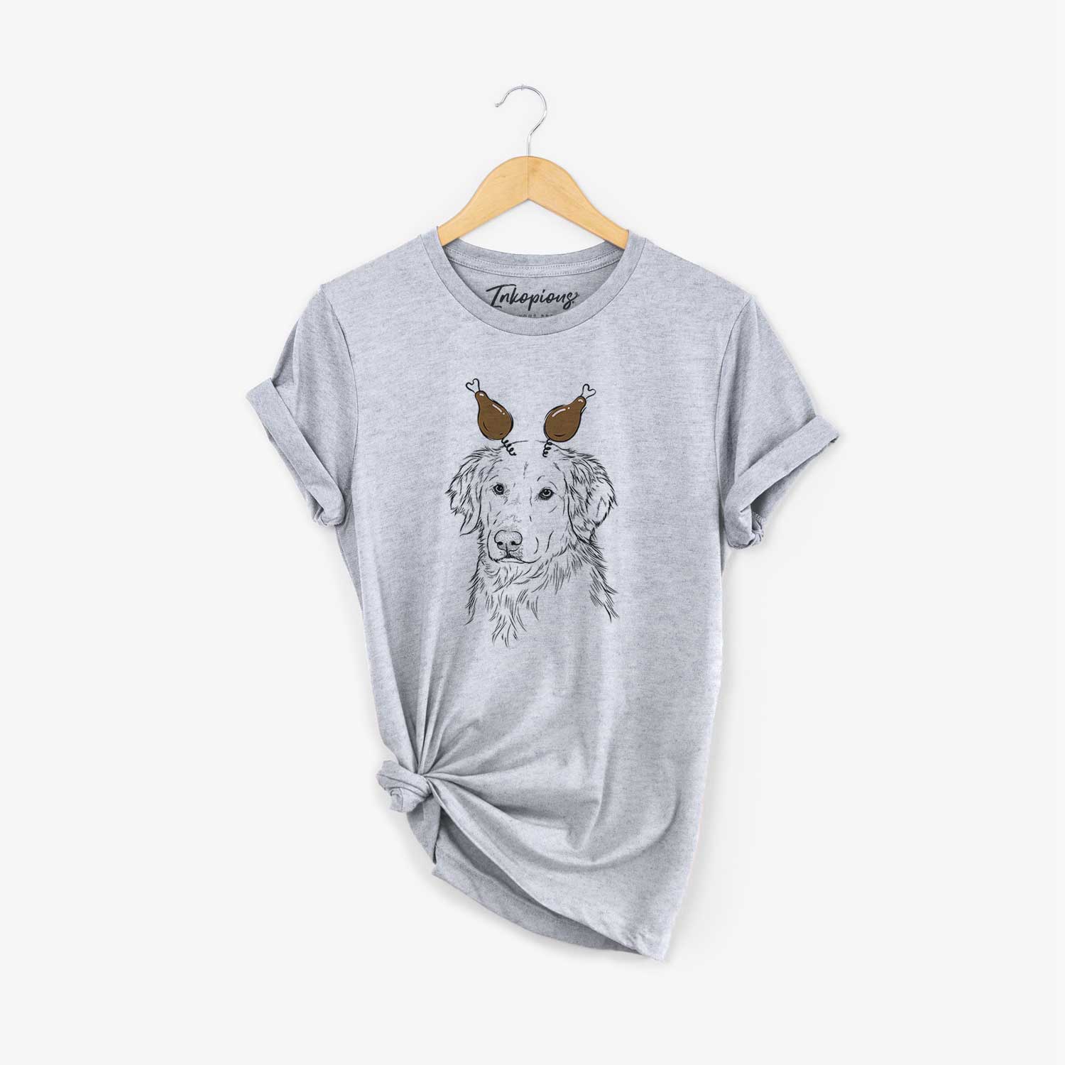 Hand-drawn sketch of Spencer the Golden Retriever with a Thanksgiving turkey headpiece on a Grey Unisex crewneck