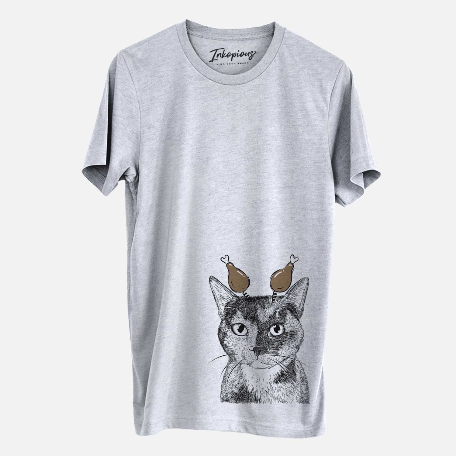 Hand-drawn sketch of Spooky Kitty the Tortoiseshell Cat with a Thanksgiving turkey headpiece on a Grey Unisex crewneck