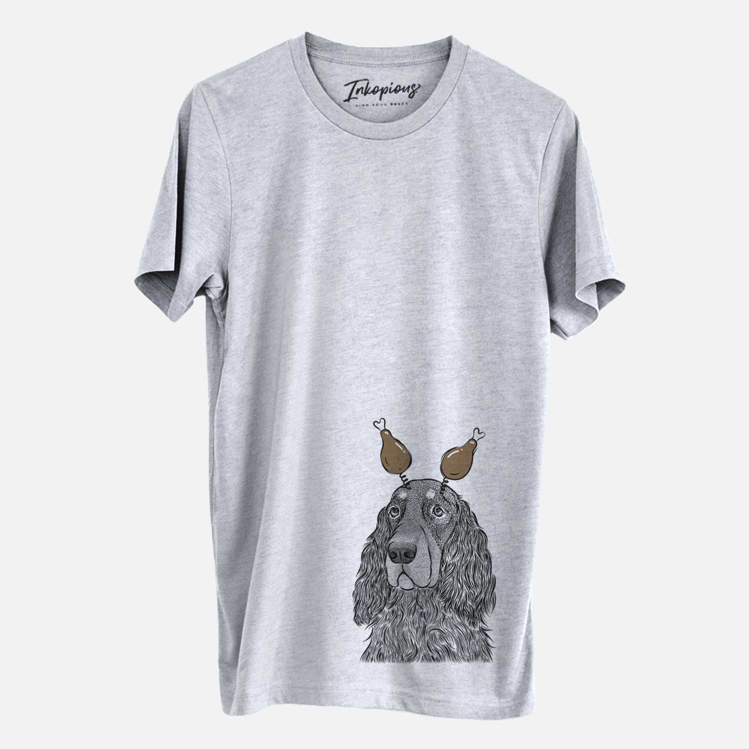 Hand-drawn sketch of Stormy the Gordon Setter with a Thanksgiving turkey headpiece on a Grey Unisex crewneck
