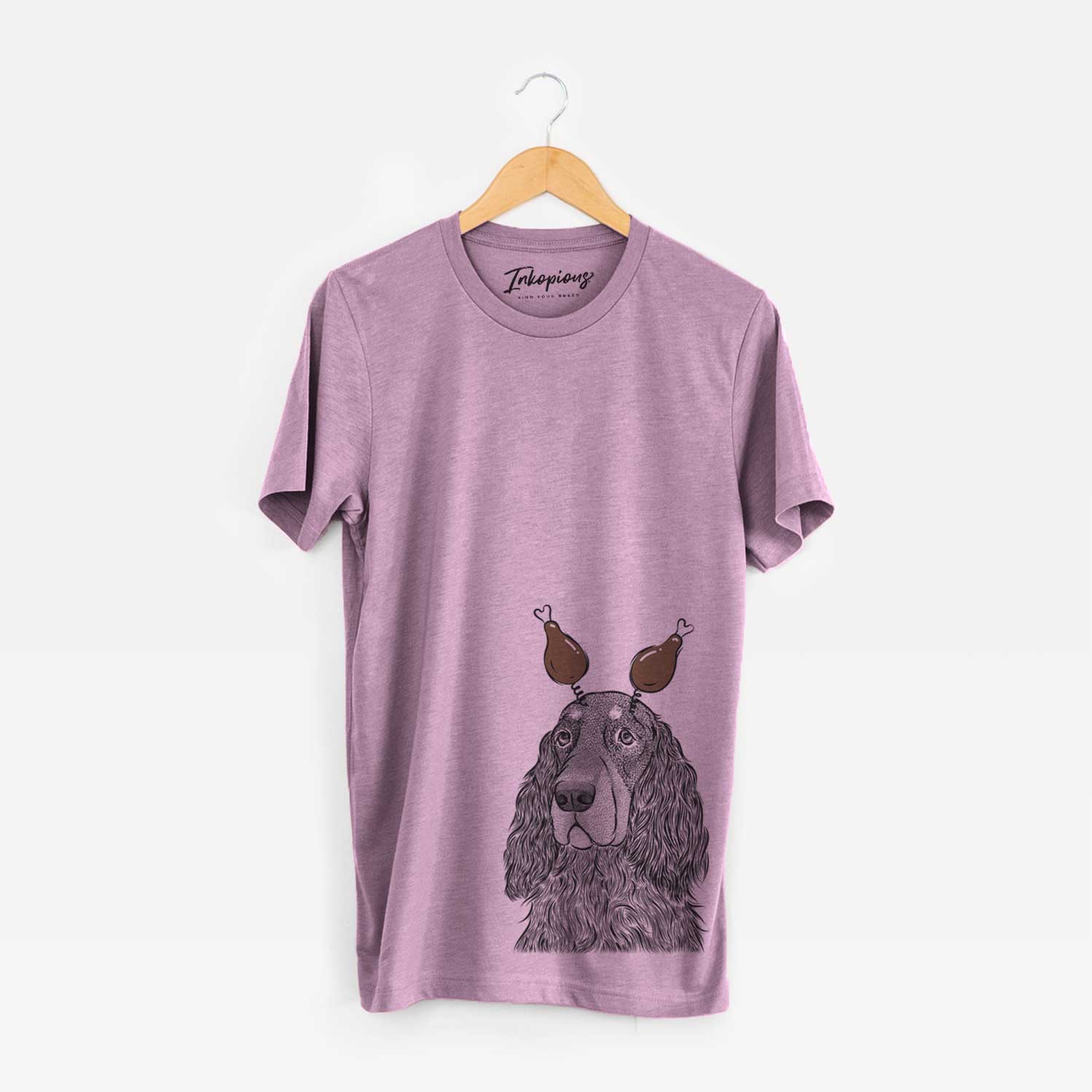 Hand-drawn sketch of Stormy the Gordon Setter with a Thanksgiving turkey headpiece on an Orchid Unisex crewneck