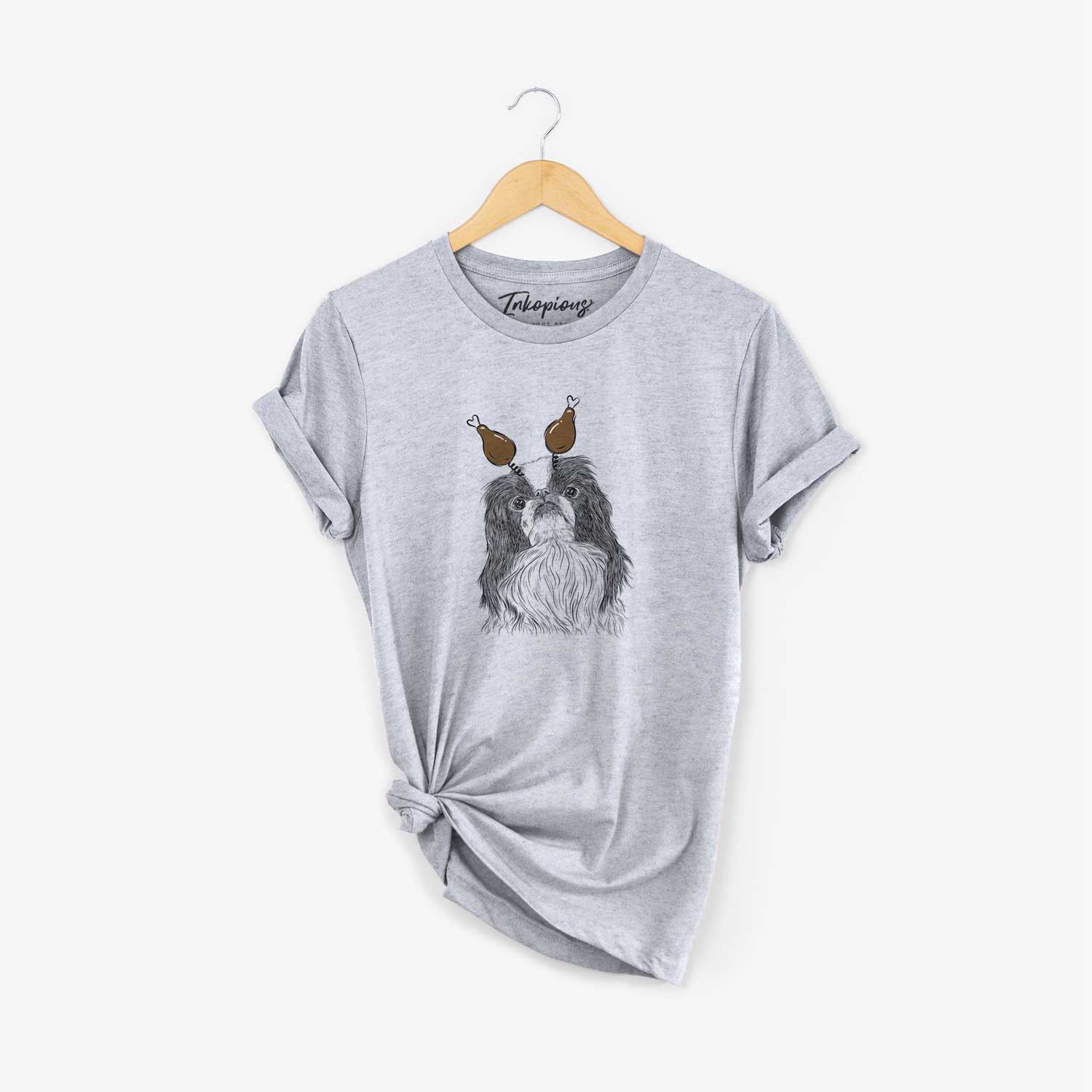 Hand-drawn sketch of Suki the Japanese Chin with a Thanksgiving turkey headpiece on a Grey Unisex crewneck