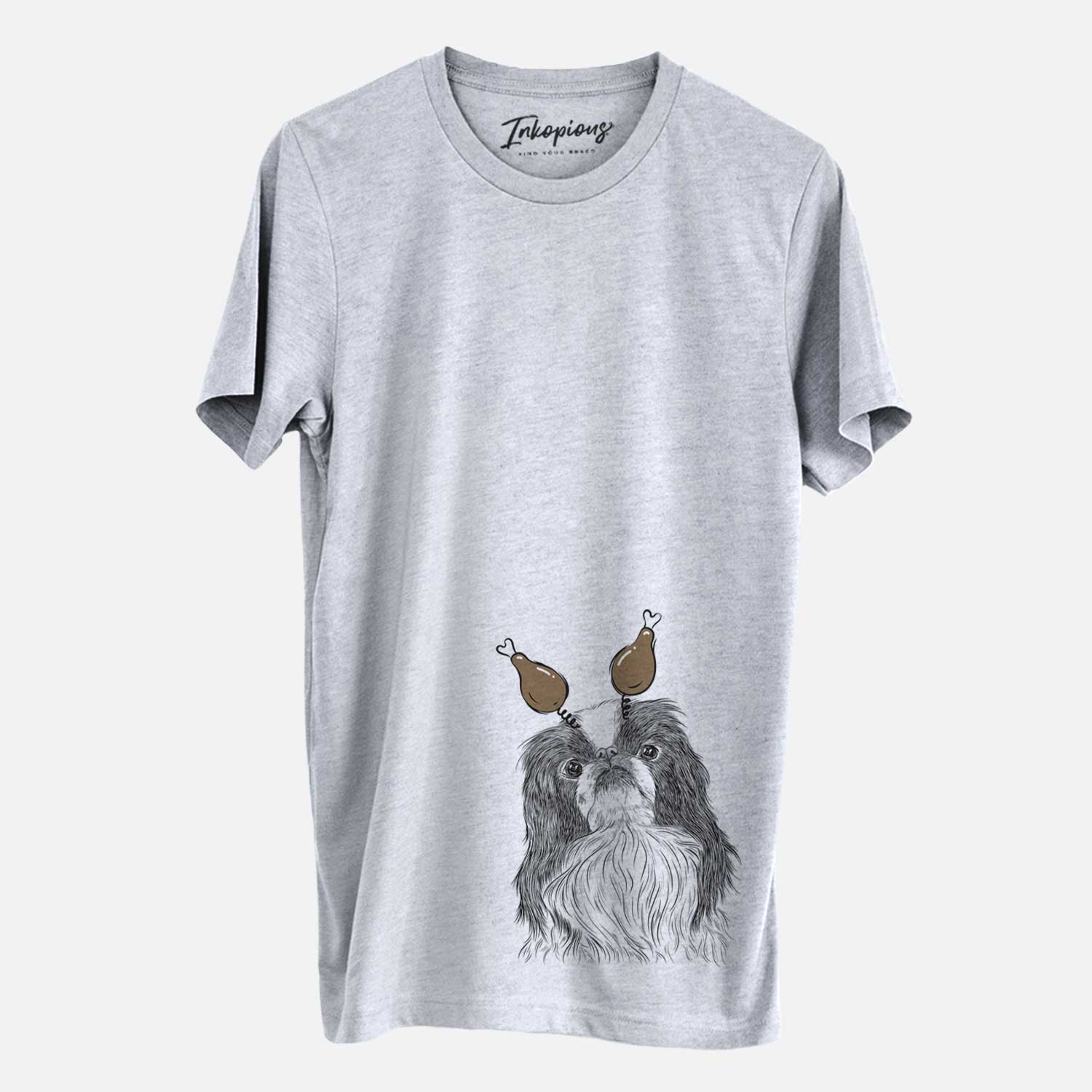 Hand-drawn sketch of Suki the Japanese Chin with a Thanksgiving turkey headpiece on a Grey Unisex crewneck