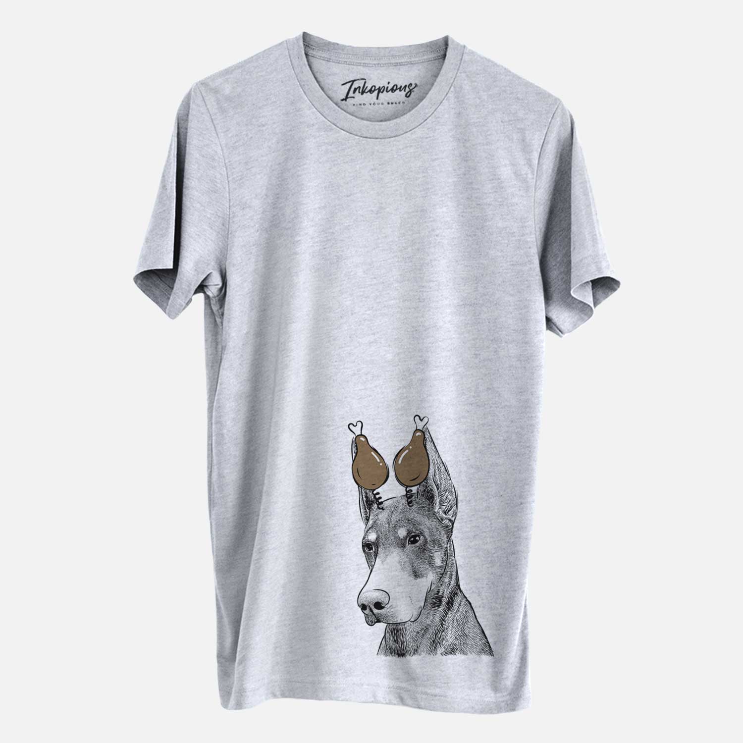 Hand-drawn sketch of Sunny the Doberman Pinscher with a Thanksgiving turkey headpiece on a Grey Unisex crewneck