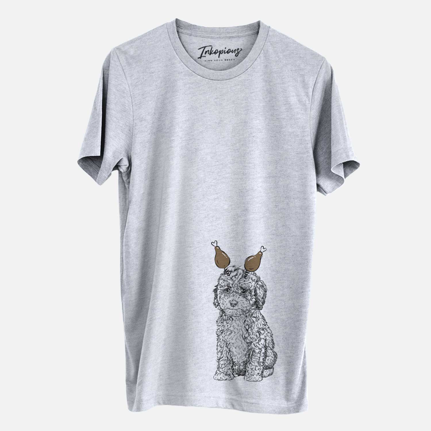 Hand-drawn sketch of Sweet Tea the Mini Doodle with a Thanksgiving turkey headpiece on a Grey Unisex crewneck