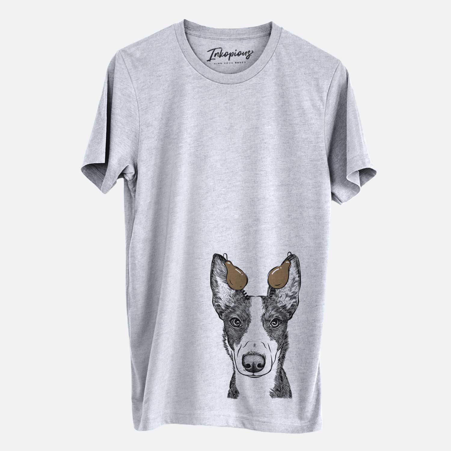 Hand-drawn sketch of Tigm the Bippet with a Thanksgiving turkey headpiece on a Grey Unisex crewneck