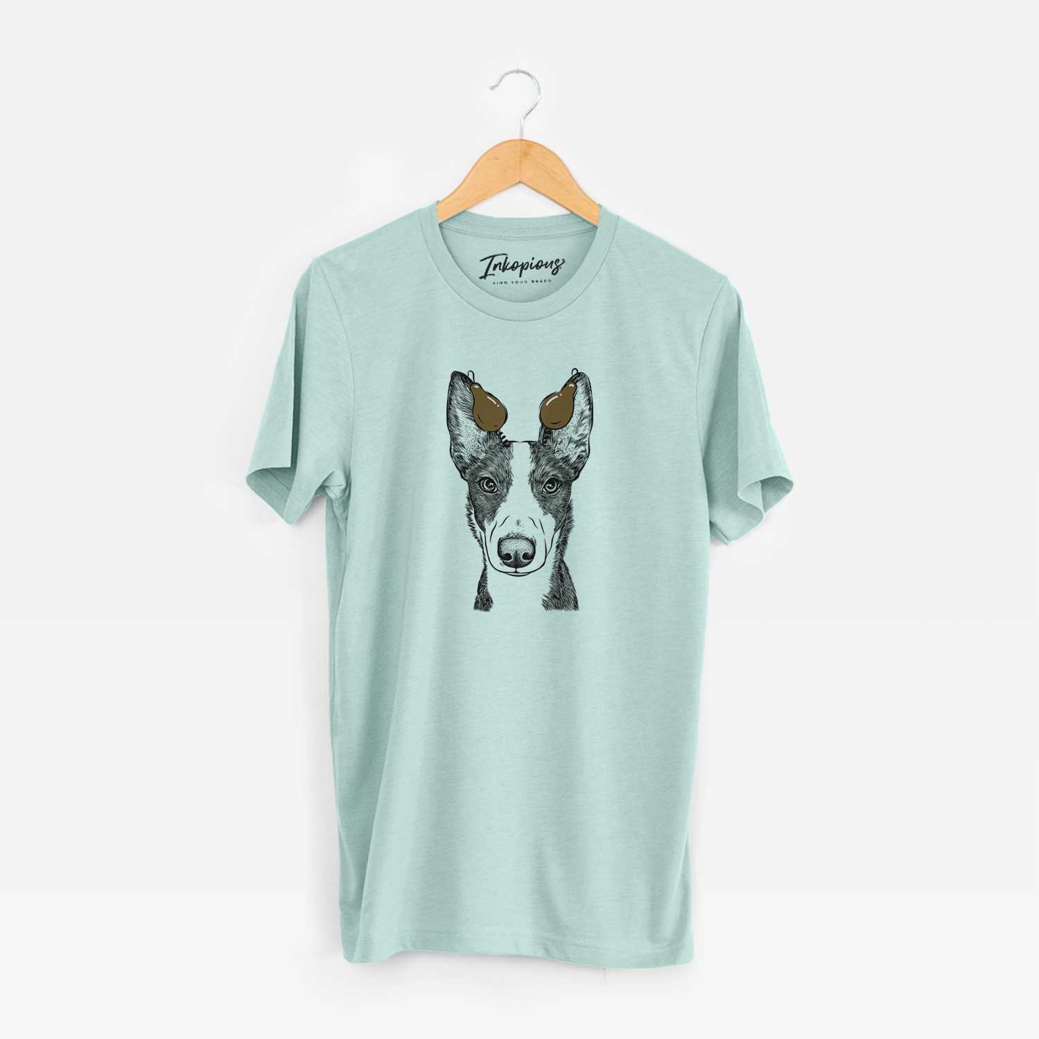 Hand-drawn sketch of Tigm the Bippet with a Thanksgiving turkey headpiece on a Heather Sage Unisex crewneck