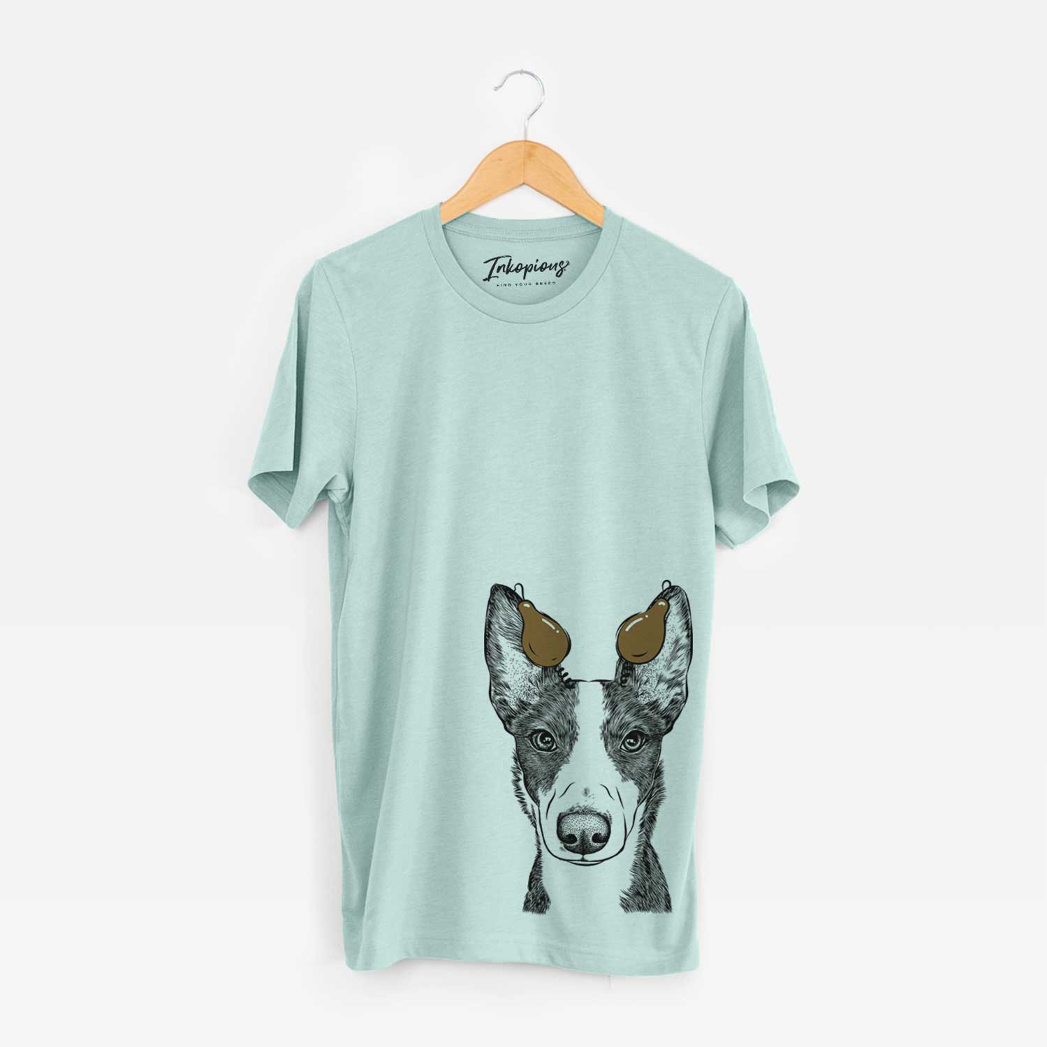 Hand-drawn sketch of Tigm the Bippet with a Thanksgiving turkey headpiece on a Heather Sage Unisex crewneck