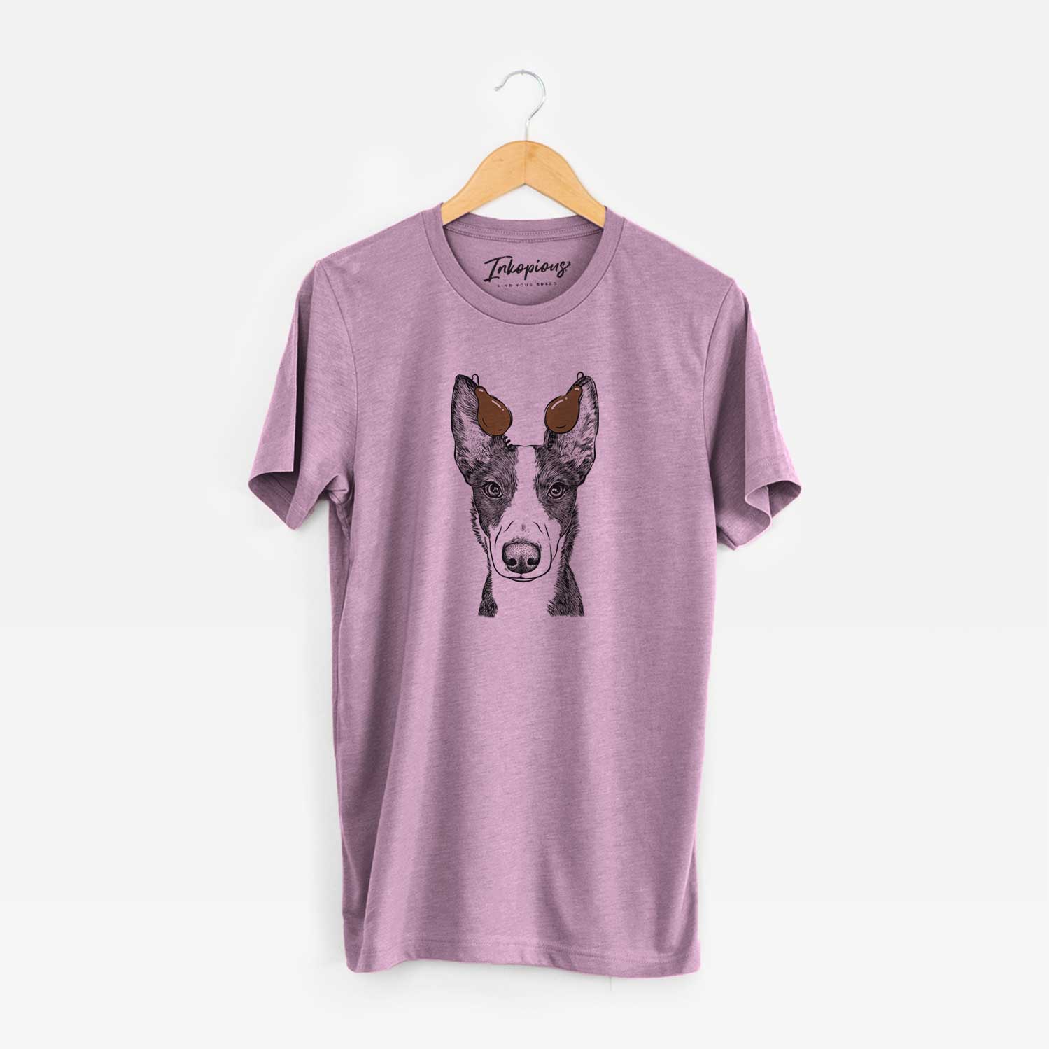 Hand-drawn sketch of Tigm the Bippet with a Thanksgiving turkey headpiece on an Orchid Unisex crewneck