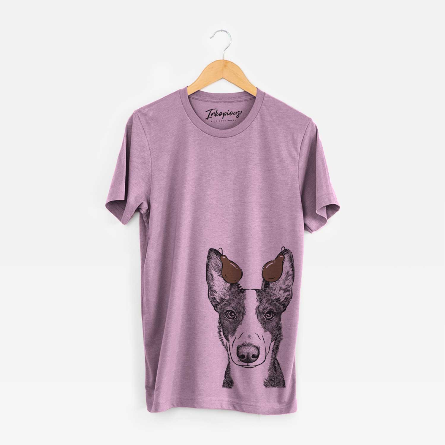 Hand-drawn sketch of Tigm the Bippet with a Thanksgiving turkey headpiece on an Orchid Unisex crewneck