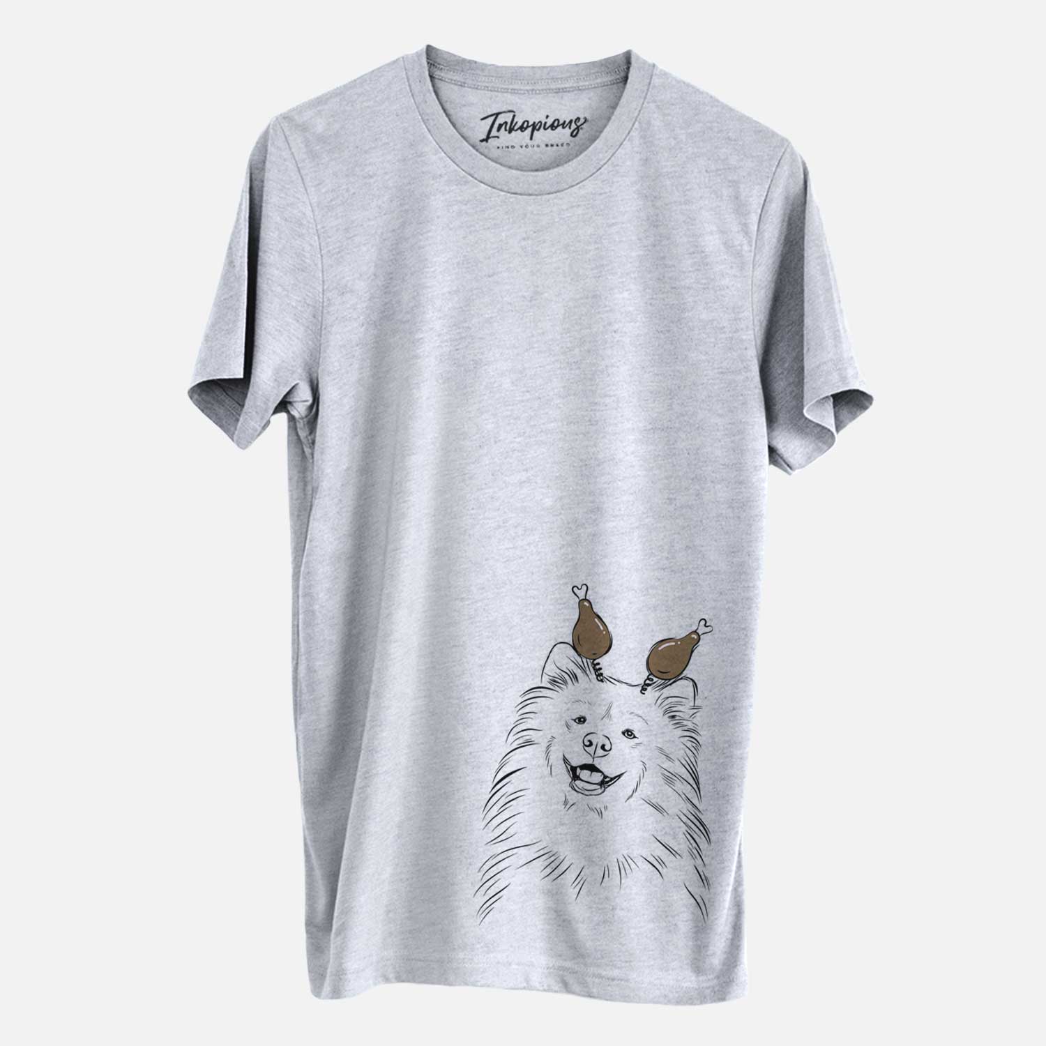 Hand-drawn sketch of Tillie the Samoyed with a Thanksgiving turkey headpiece on a Grey Unisex crewneck