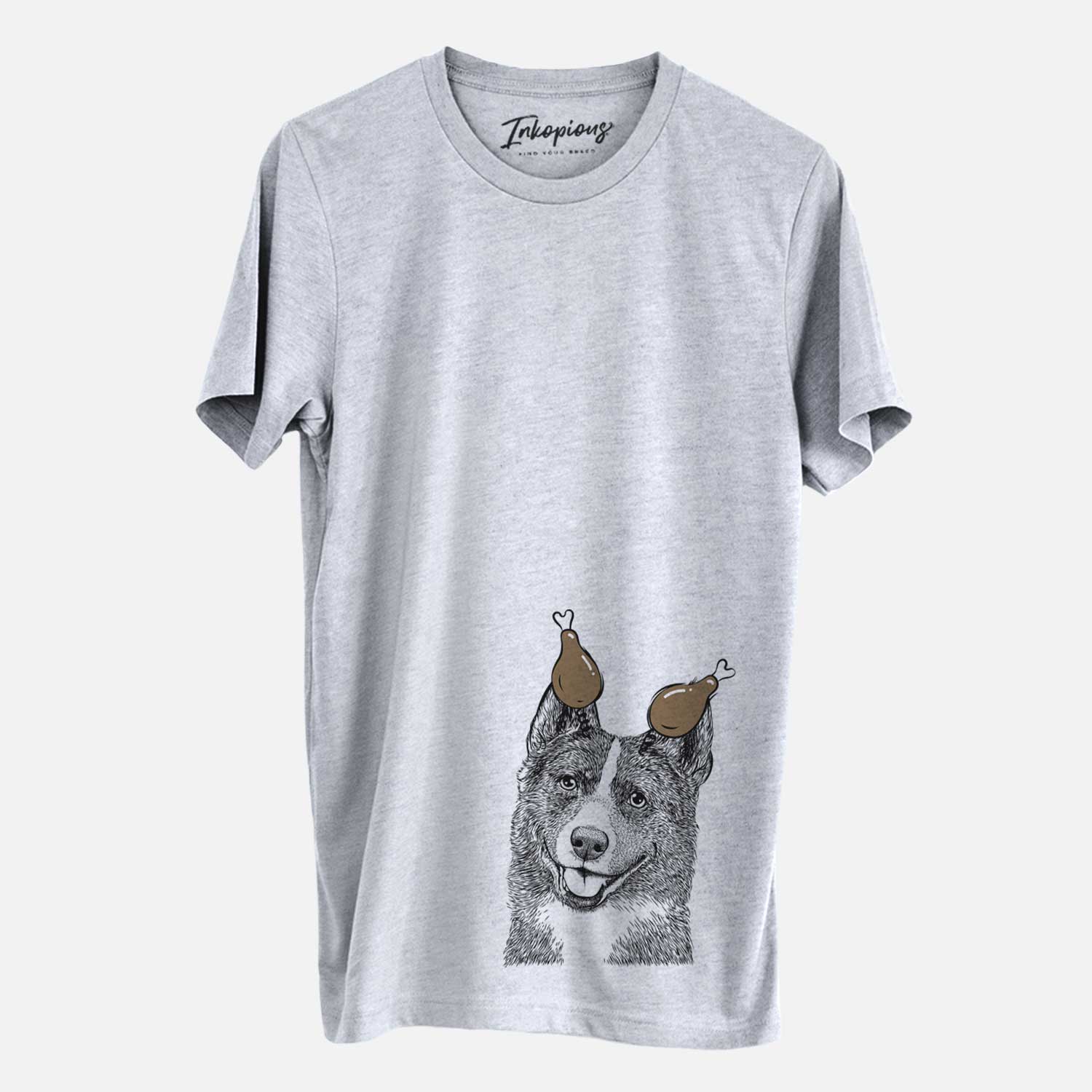 Hand-drawn sketch of Tosca the Karelian Bear Dog with a Thanksgiving turkey headpiece on a Grey Unisex crewneck