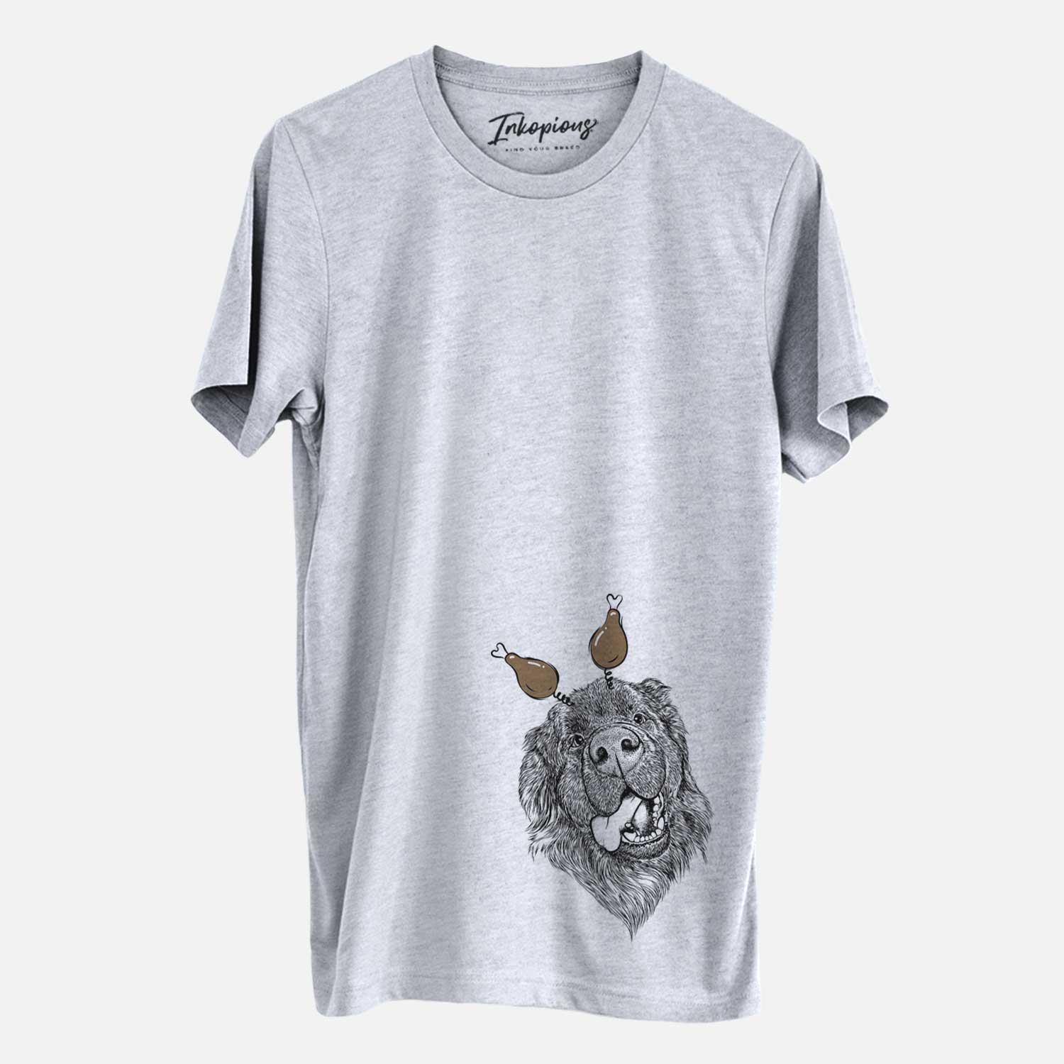 Hand-drawn sketch of Tuna the Newfoundland with a Thanksgiving turkey headpiece on a Grey Unisex crewneck