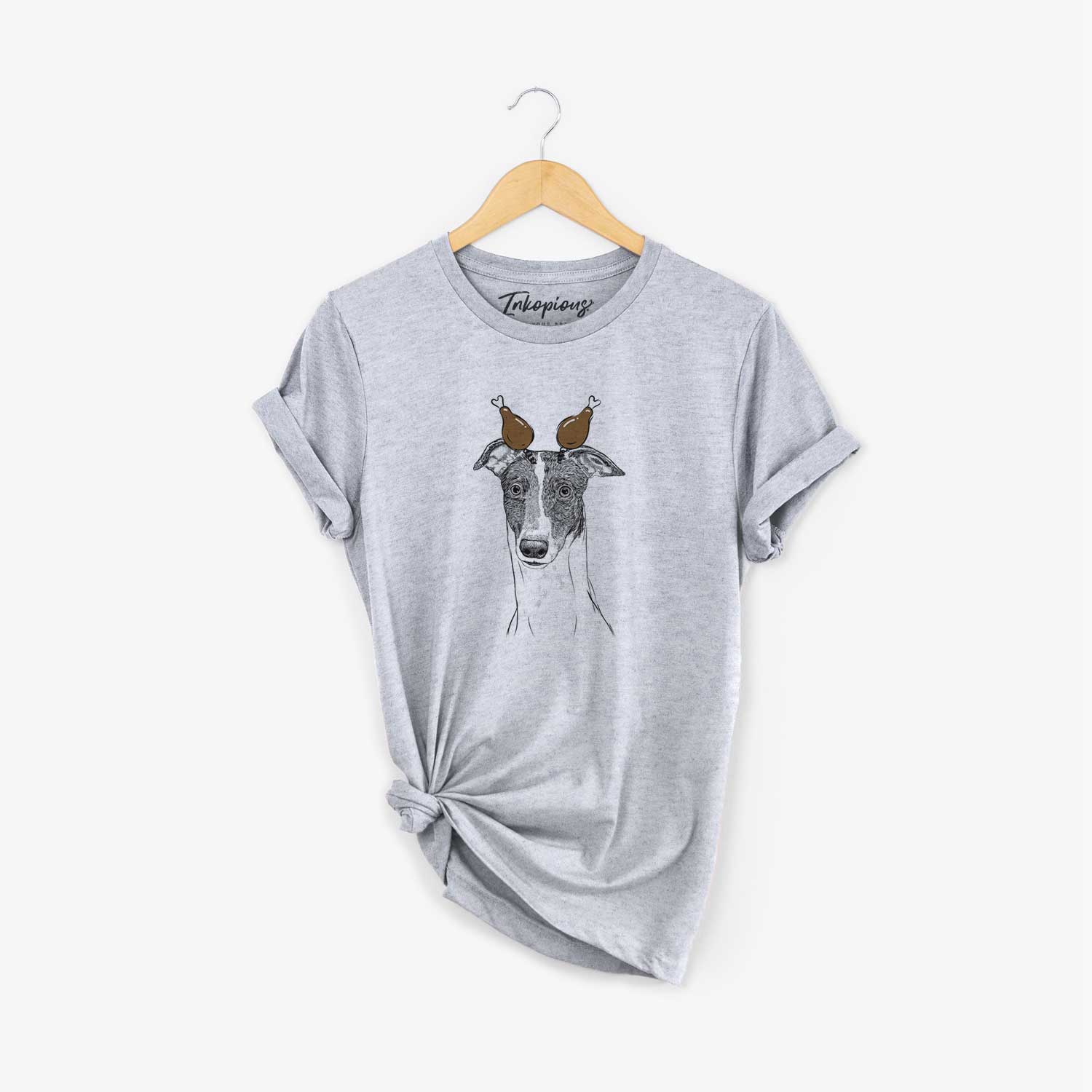 Hand-drawn sketch of Vyncent the Greyhound with a Thanksgiving turkey headpiece on an Unisex crewneck