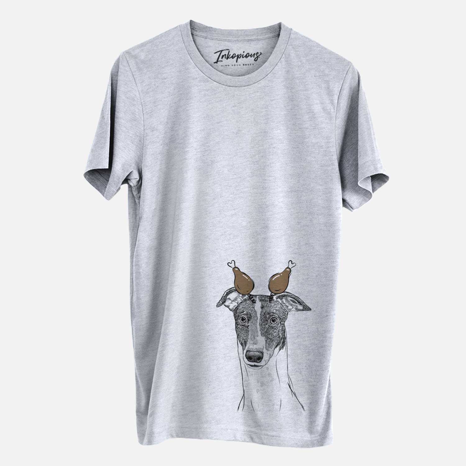 Hand-drawn sketch of Vyncent the Greyhound with a Thanksgiving turkey headpiece on an Unisex crewneck
