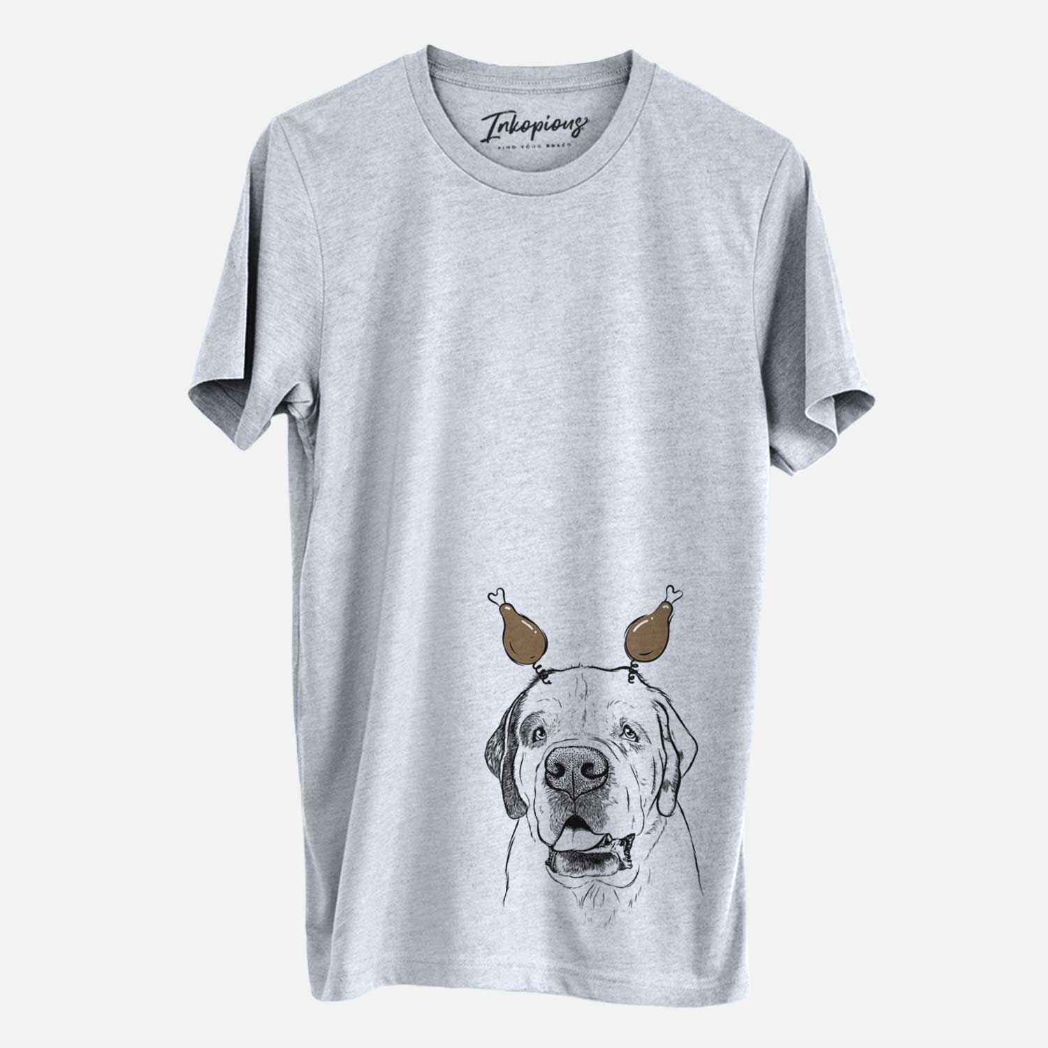 Hand-drawn sketch of Wendy the Saint Bernard with a Thanksgiving turkey headpiece on a Grey Unisex crewneck