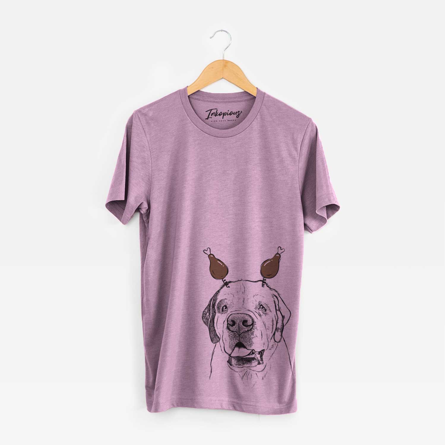 Hand-drawn sketch of Wendy the Saint Bernard with a Thanksgiving turkey headpiece on an Orchid Unisex crewneck