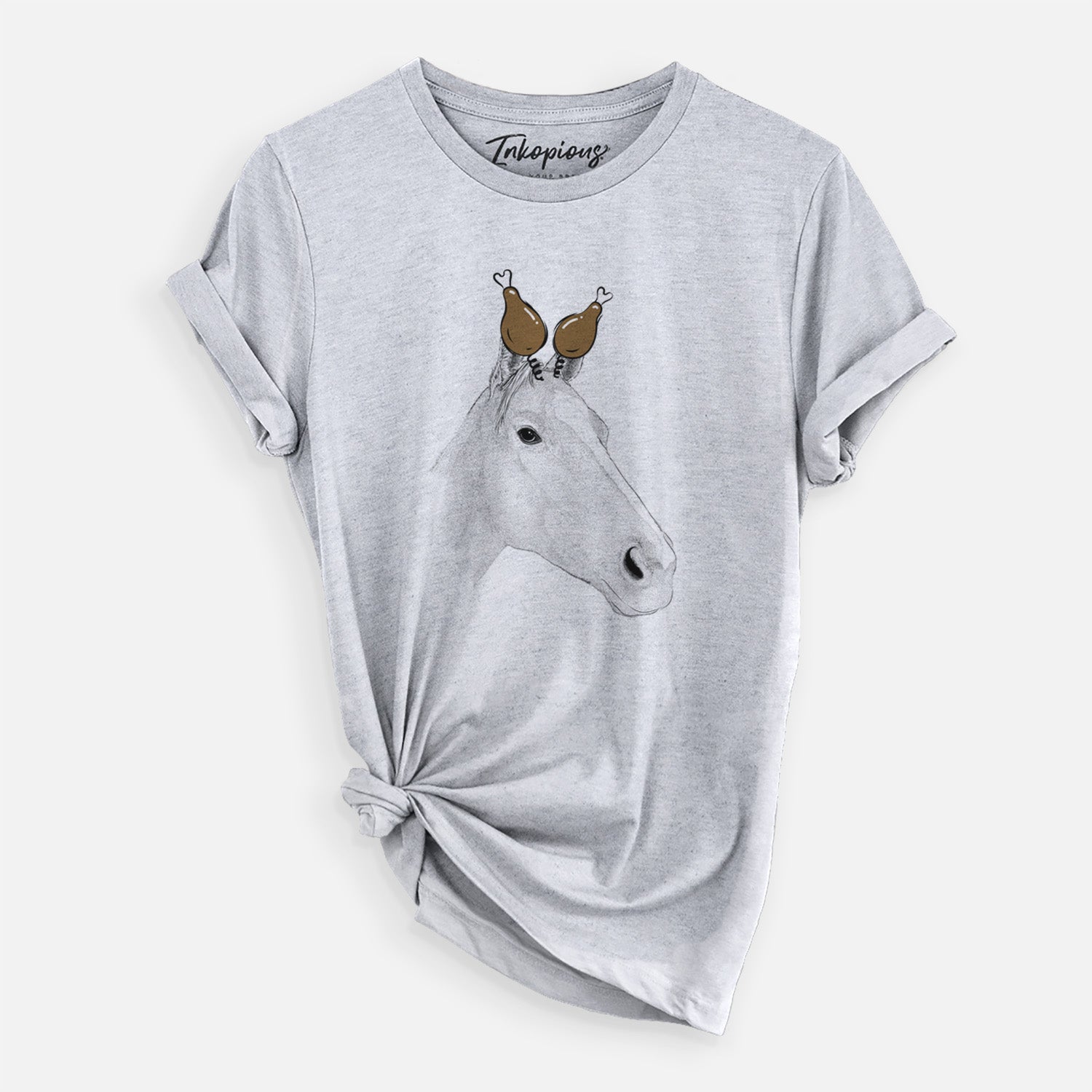Hand-drawn sketch of Westley the Horse with a Thanksgiving turkey headpiece on a Grey Unisex crewneck