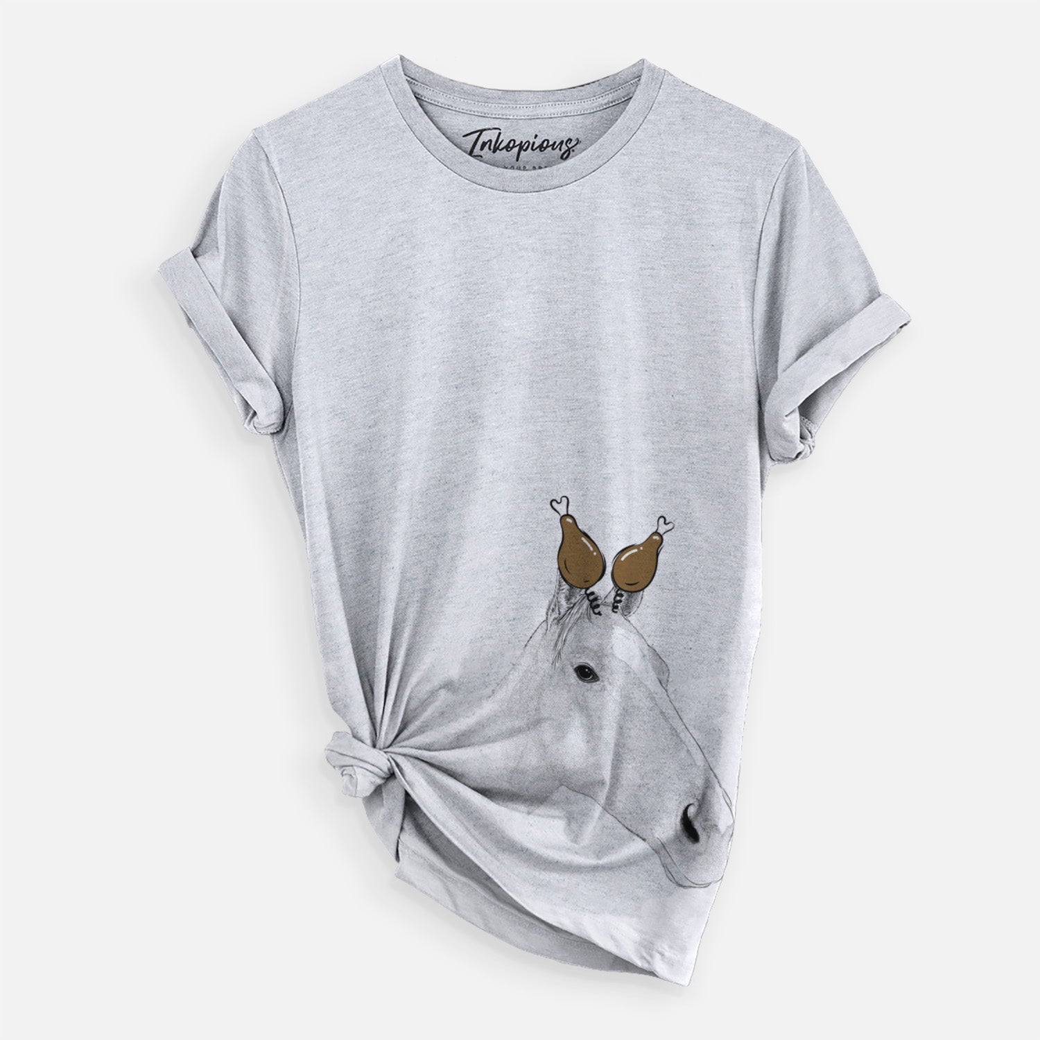 Hand-drawn sketch of Westley the Horse with a Thanksgiving turkey headpiece on a Grey Unisex crewneck