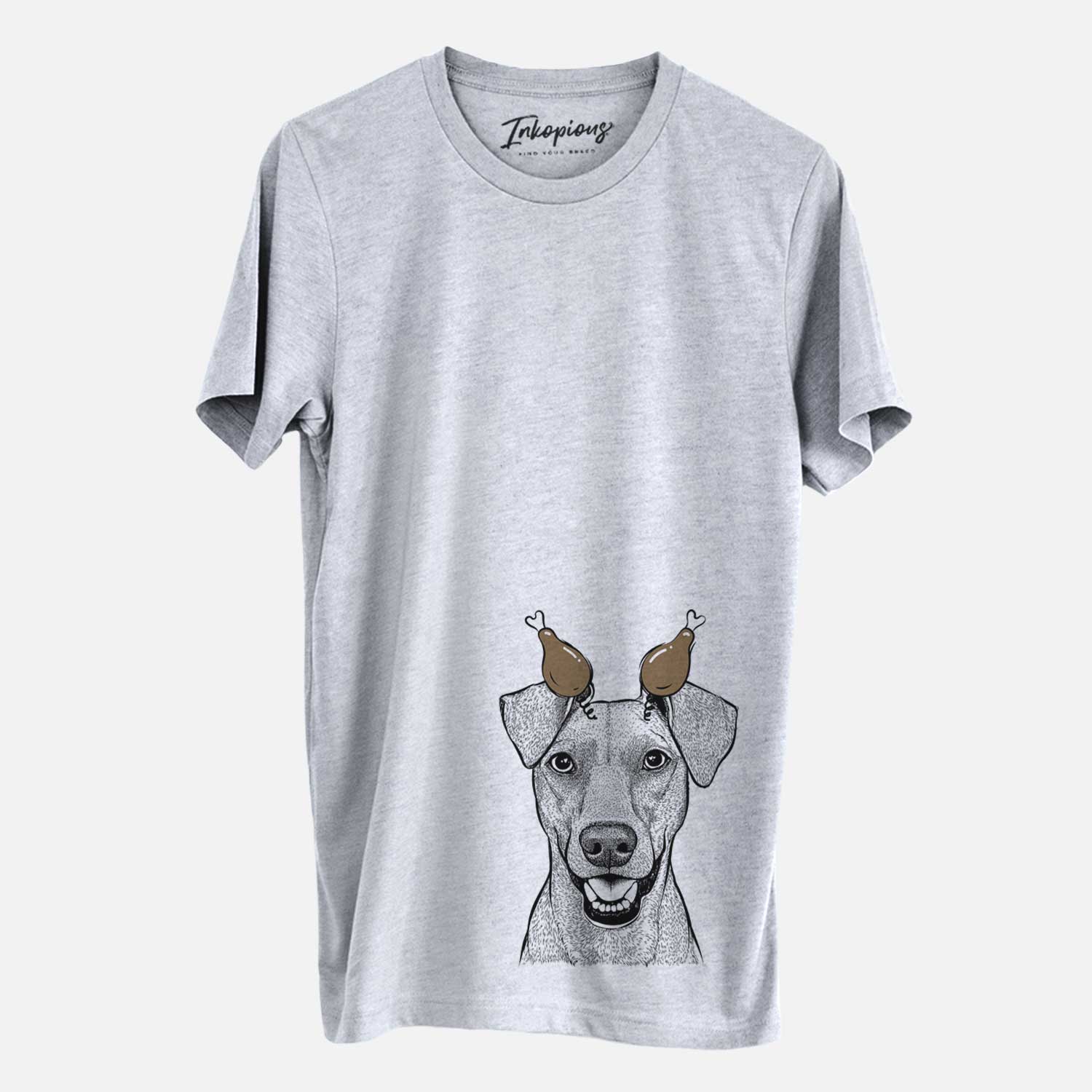 Hand-drawn sketch of Willow the German Pinscher with a Thanksgiving turkey headpiece on a Grey Unisex crewneck