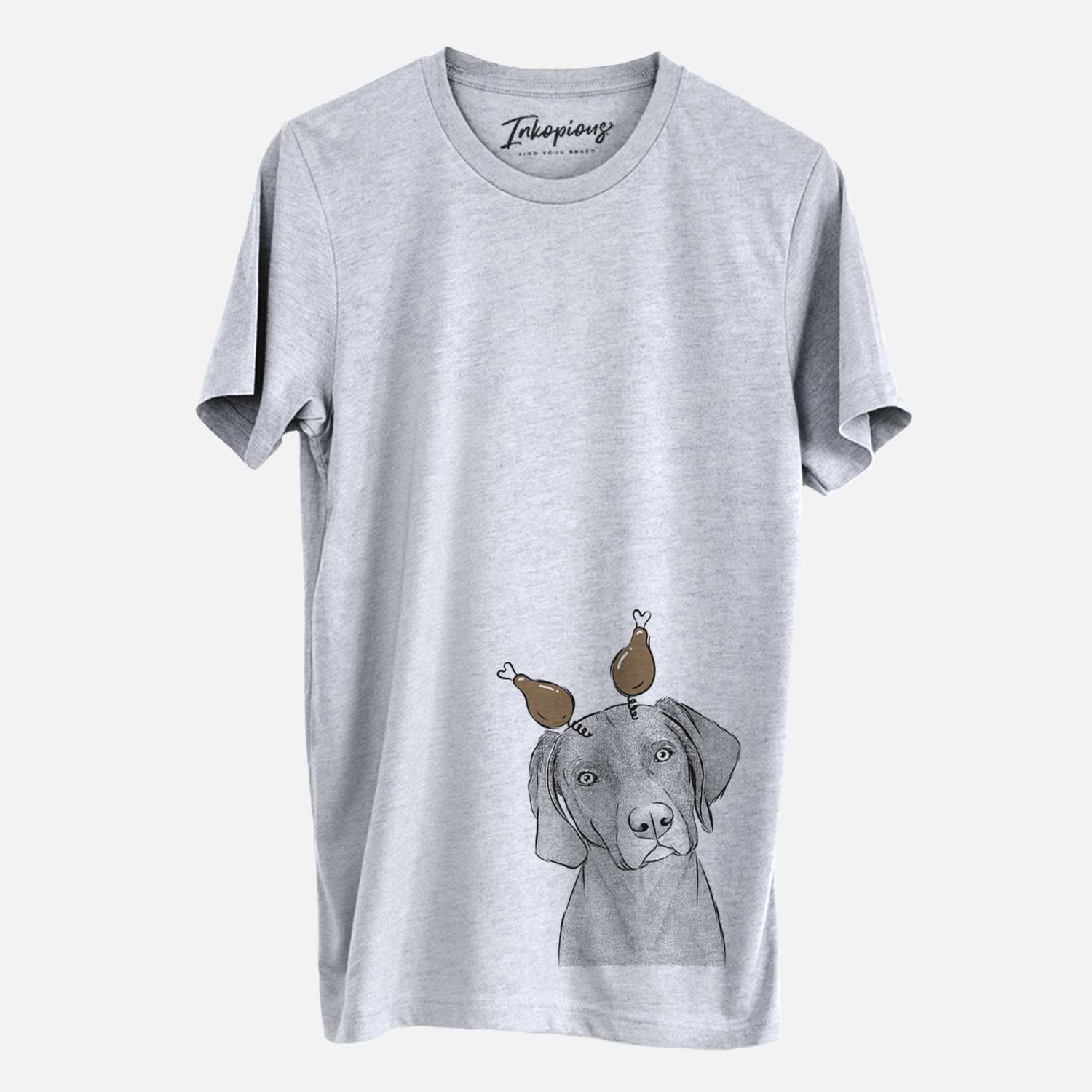 Hand-drawn sketch of Willow the Weizsla with a Thanksgiving turkey headpiece on a Grey Unisex crewneck
